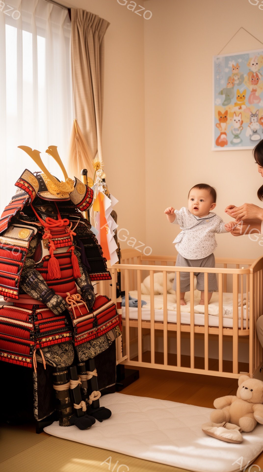 畳の上に、赤ちゃんの鎧兜が飾られています。ベビーベッドの中で、赤ちゃんの男の子が立っており、笑顔で何かを見つめています。背景にはオフホワイトの壁とカーテンがあり、優しい雰囲気で、初節句を祝う様子が伺えます。