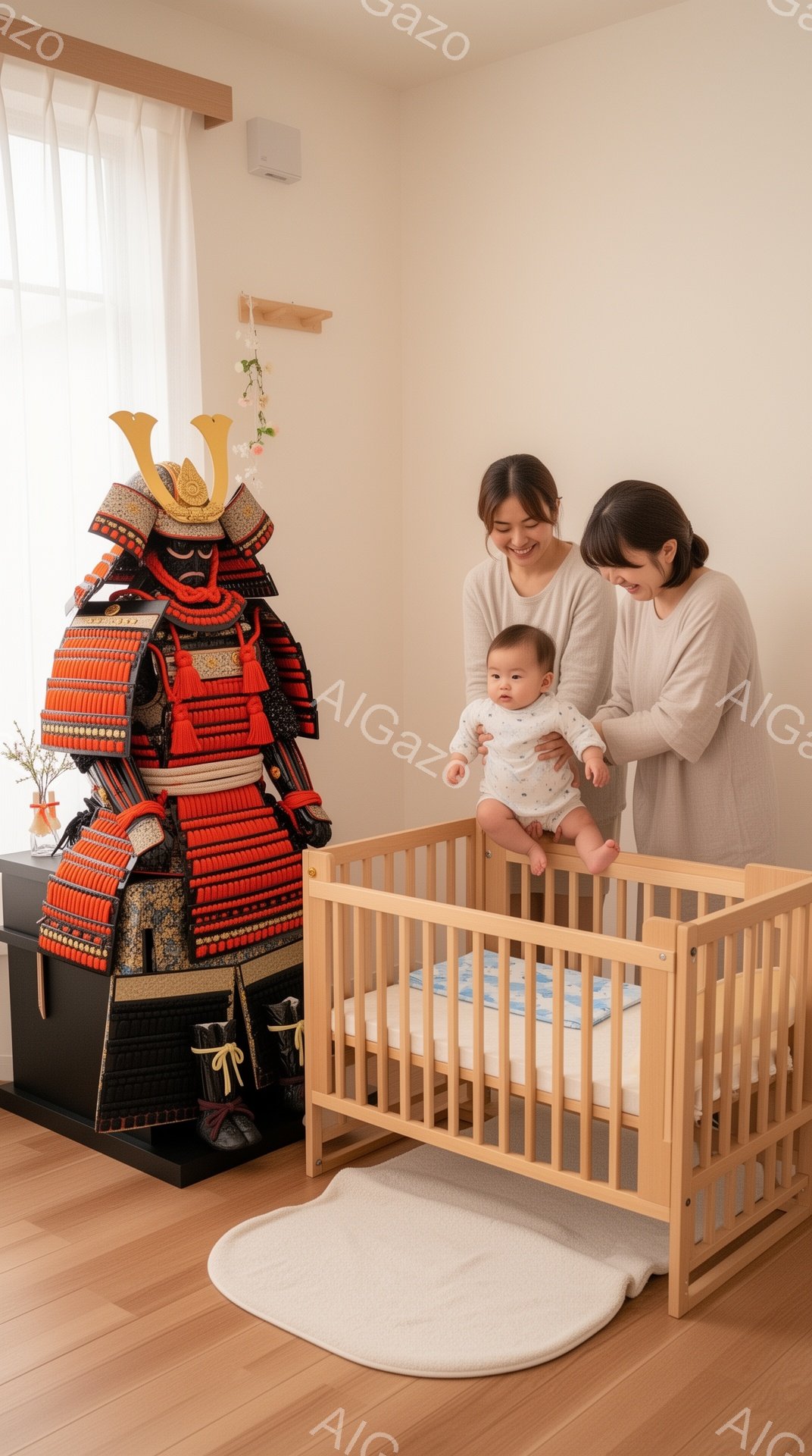 明るいリビングルームで、母親が赤ん坊をベビーベッドの中で支えています。赤ん坊は笑顔で、白いロンパースを着ています。背景には、赤と黒の鎧を身に着けた武士の鎧兜が飾られており、柔らかな光が部屋全体を温かい雰囲気で包んでいます。