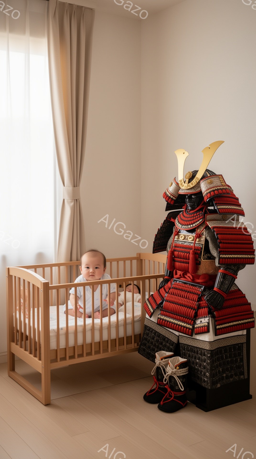 赤ちゃんがベビーベッドの中で微笑んでいます。背景には、赤と黒の鎧を着た武士の鎧が立っており、日本の伝統的な武士の文化を象徴しています。室内は明るく、壁はベージュ色で、穏やかで平和な雰囲気が漂っています。