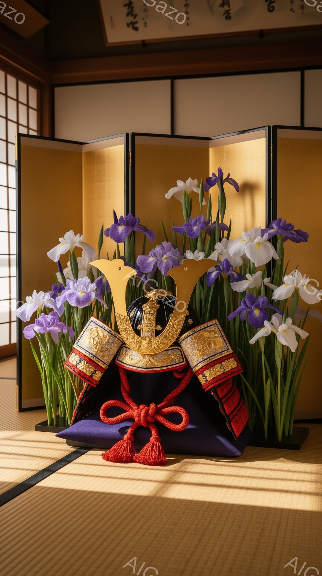 畳の上に、兜と紫色の菖蒲の花が飾られています。兜は金色の装飾が施され、鮮やかな赤い紐で結ばれています。背景には金色の屏風が並び、日本の伝統的な武士の祭り、端午の節句を連想させる、厳かで美しい雰囲気が漂っています。