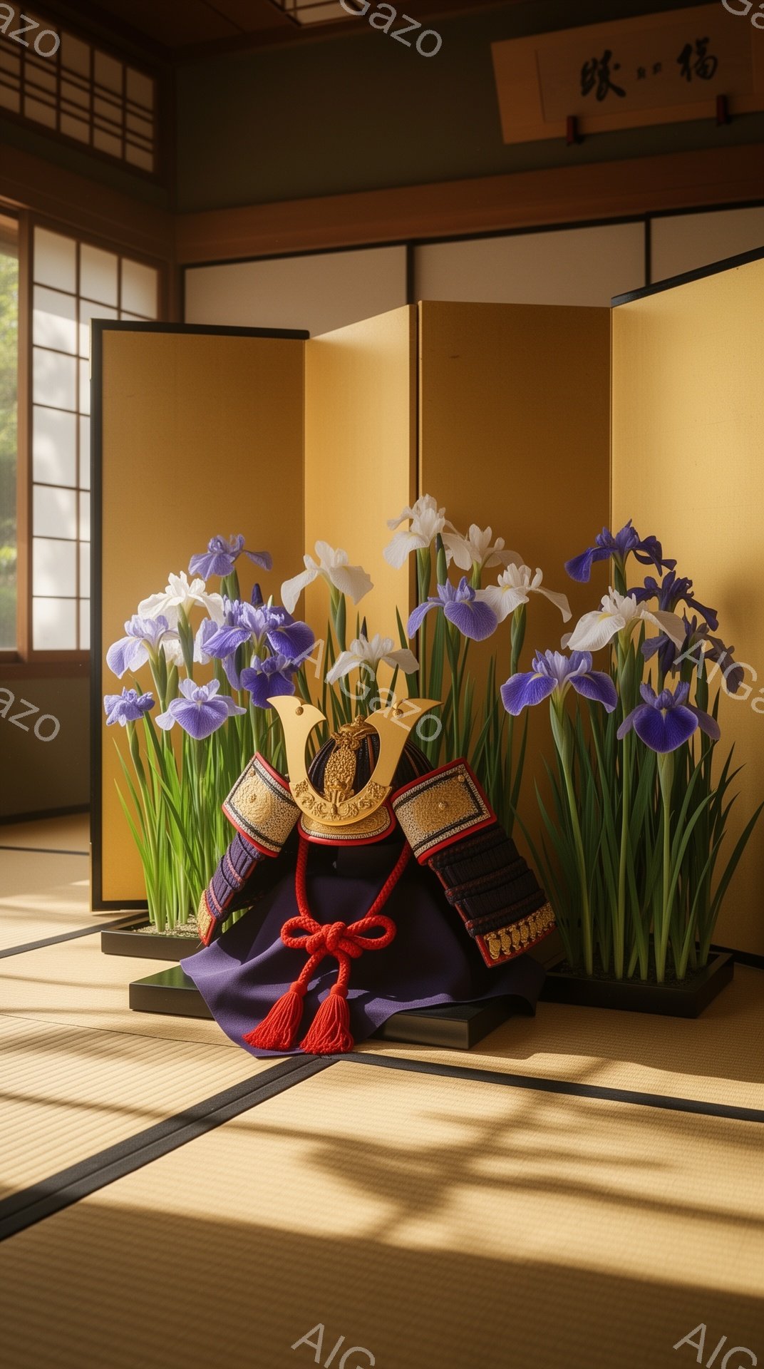 畳の上に、兜と紫色の菖蒲の花が飾られています。兜は金色の装飾が施され、紫色の紐が結び付けられています。背景には金色の屏風と庭園が見え、静かで厳かな雰囲気が漂っています。