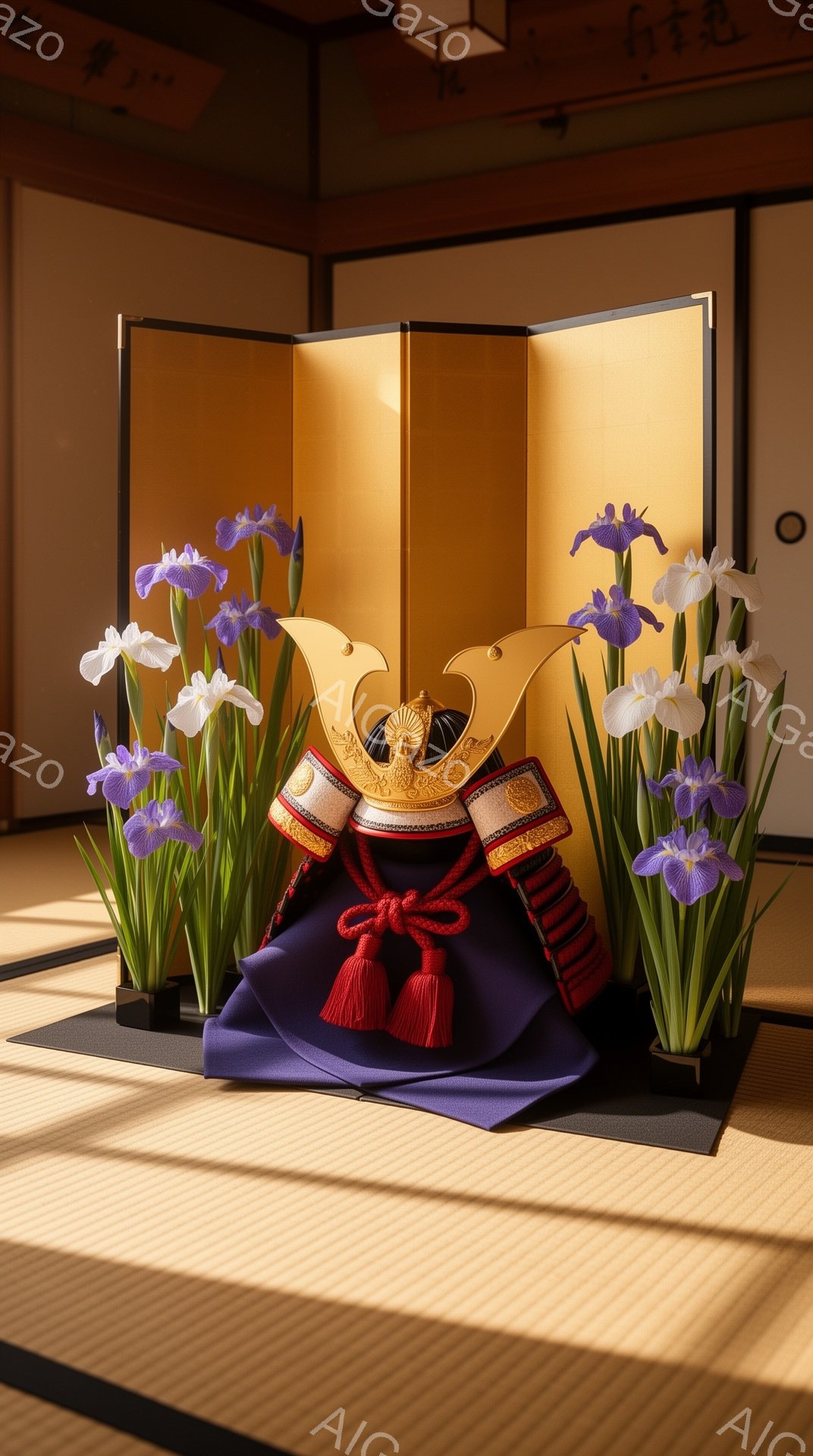 畳の上に、兜と紫色の着物が飾られています。背景には金色の屏風があり、兜の周りには紫と白の菖蒲の花が活けられています。全体的に、男の子の成長を祝う端午の節句の静かで厳かな雰囲気が感じられます。