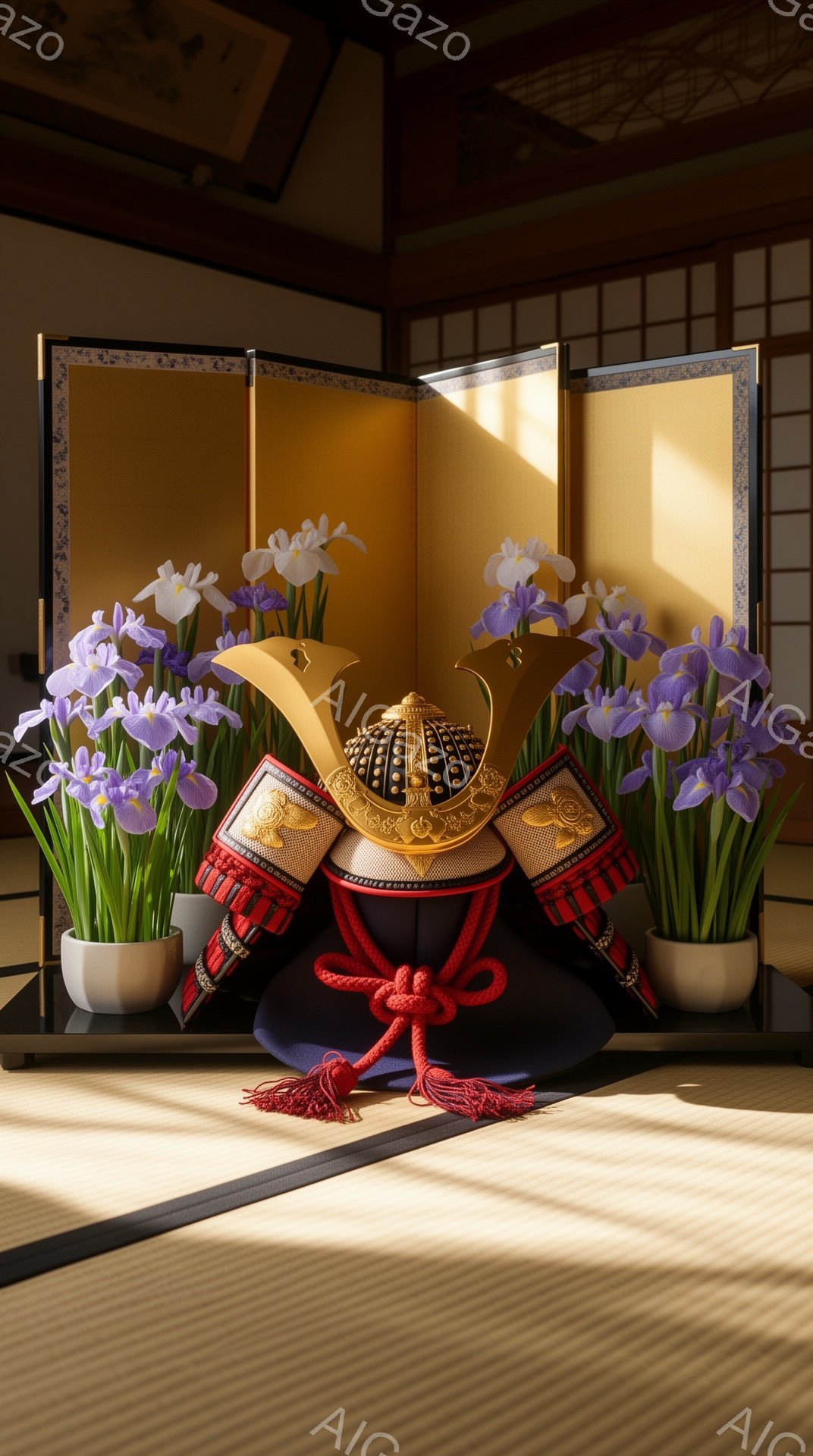 畳の上に兜と着物が飾られています。兜は黒色で、鮮やかな赤色の紐で結ばれた装飾が施されています。背景には金色の屏風と紫色の菖蒲が飾られており、落ち着いた上品な雰囲気を醸し出しています。 - AI生成フリー素材