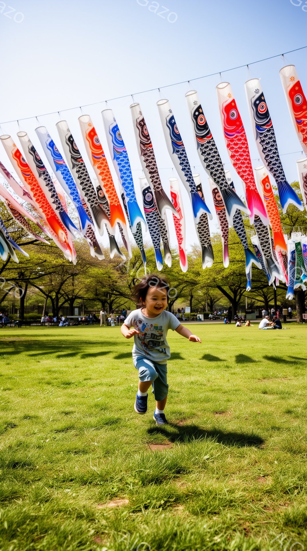 青空の下、緑の芝生の上を幼い男の子が走り回っている。彼は白いTシャツに青いズボンを履き、短い髪型で、笑顔を浮かべている。背景には鯉のぼりがたくさん並び、春の陽気な祭りの雰囲気が漂っている。