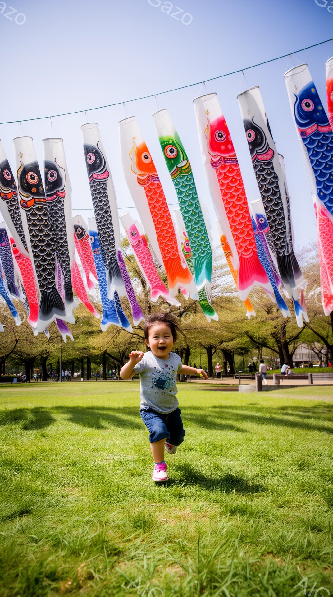 鮮やかな鯉のぼりが空中に並び、緑の芝生の上を小さな女の子が両手を広げて走っている。彼女はグレーのTシャツとピンクのスニーカーを履いており、髪は後ろで一つに結ばれている。晴れた空と背景の木々が、子供の無邪気な笑顔と相まって、明るく楽しい春の日の雰囲気を演出している。