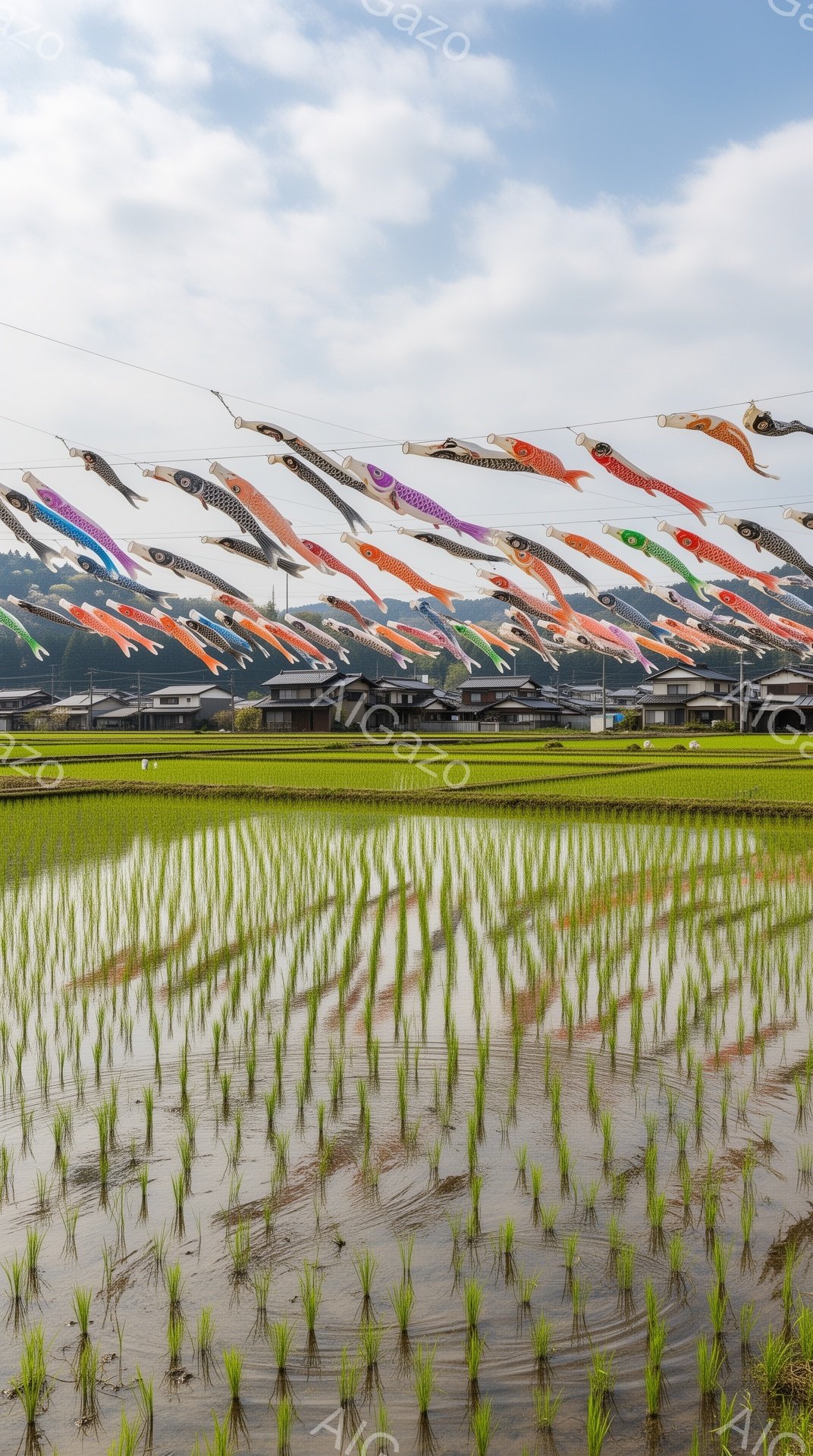 広大な田んぼに、色とりどりの鯉のぼりが空を舞っている。ぼんやりと霞んだ山々と、伝統的な日本の家屋が背景に見え、穏やかで平和な雰囲気を醸し出している。水田には若々しい稲が植えられており、春の暖かさを感じさせる。