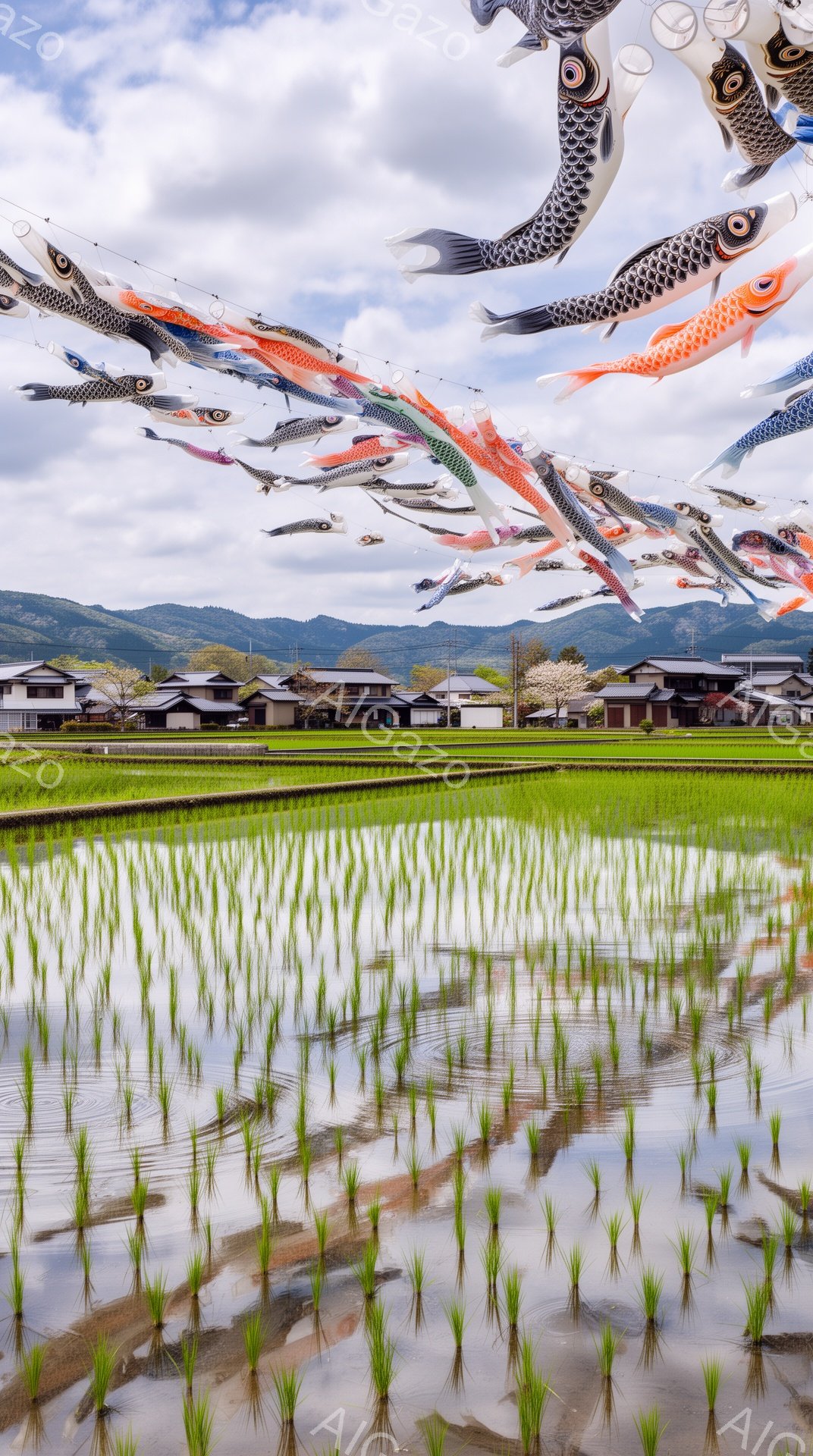 広大な水田に新緑が芽吹き、その上に色とりどりの鯉のぼりが空を埋め尽くしている。遠景には伝統的な日本の家屋が点在し、背景には緑豊かな山々と曇り空が広がり、子供の日の暖かく穏やかな雰囲気を醸し出している。水面に映る鯉のぼりと新緑のコントラストが、日本の春の風情を感じさせる。