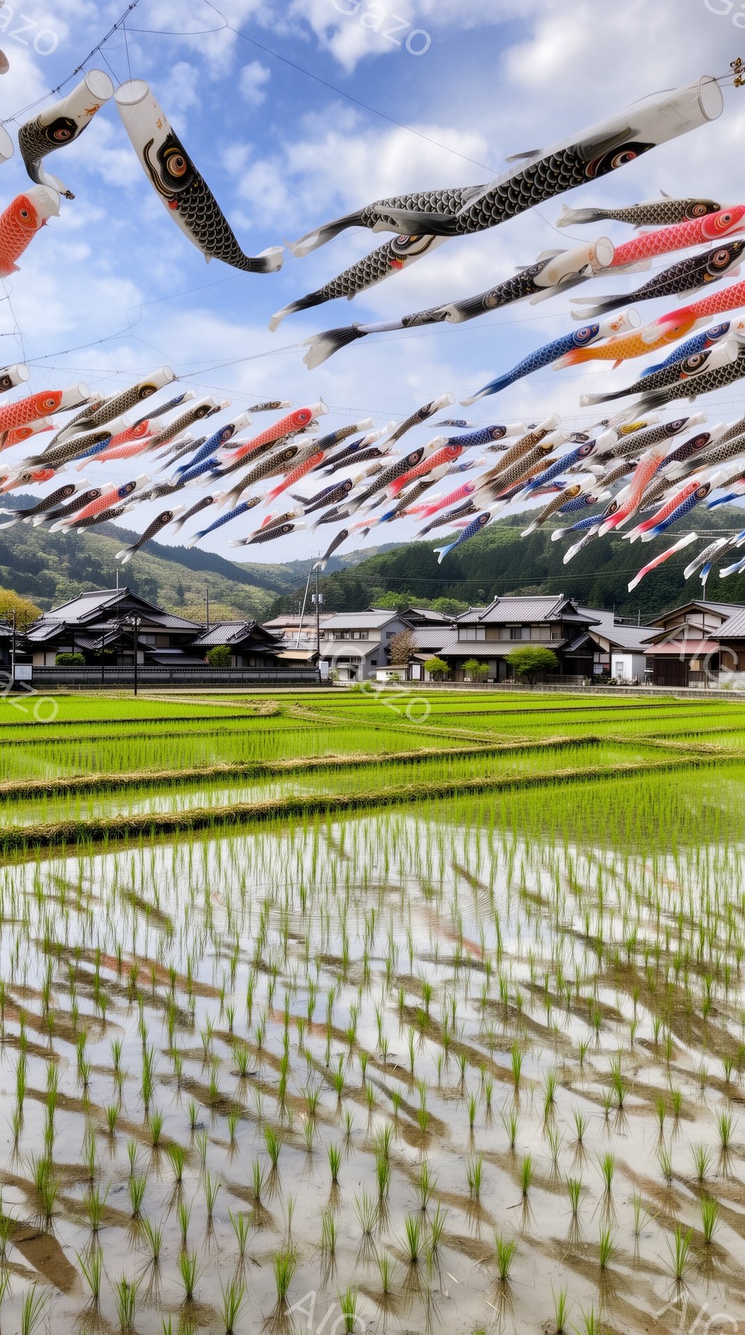 広大な田んぼに水が張られ、新緑が芽吹き始めた風景の中に、色とりどりの鯉のぼりが空を埋め尽くしています。背景には伝統的な日本の家屋が並び、青空と白い雲が広がっています。全体的に、子供の成長を祝う、明るく希望に満ちた春の情景が表現されています。