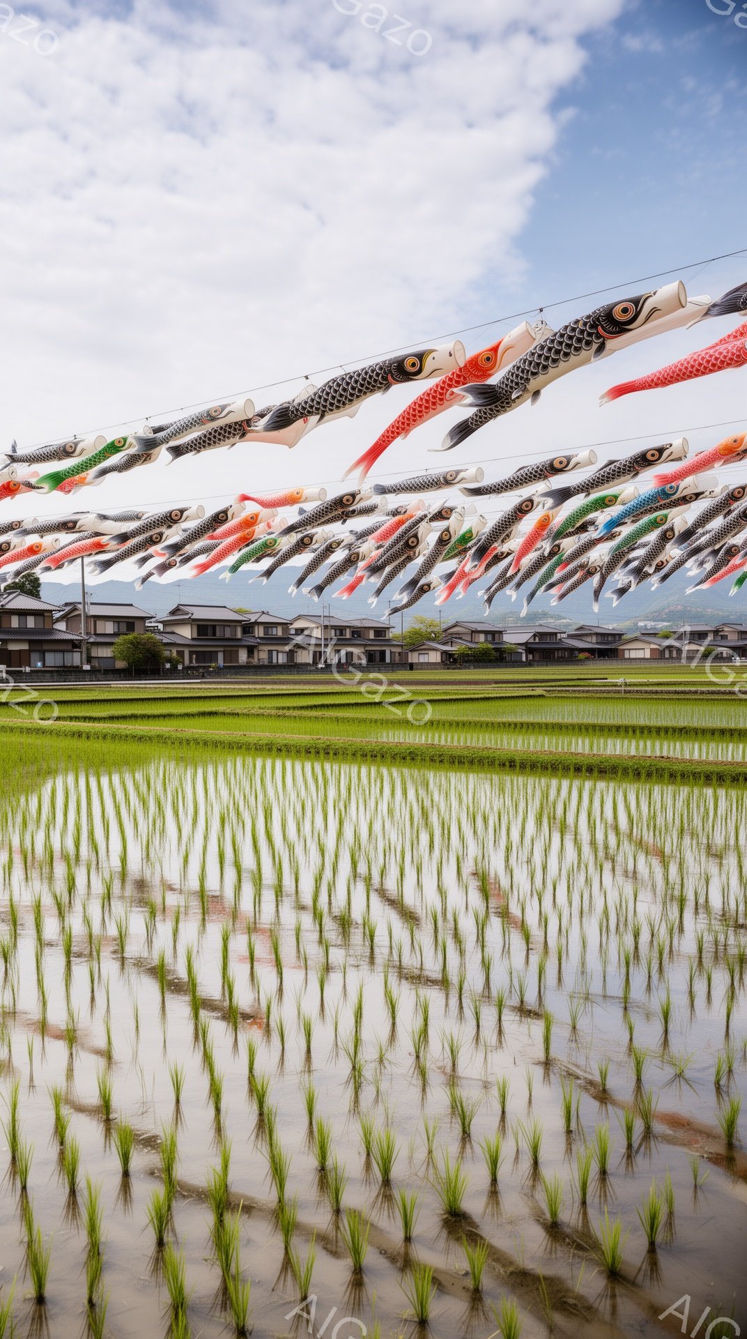 鮮やかな鯉のぼりが、水田の上を整然と並んで空を泳いでいる。背景には、伝統的な屋根瓦の家々が並び、水田には苗が植えられ、空は穏やかな雲に覆われている。全体的に、子供の成長を祝う、平和で明るい春の日の雰囲気が感じられる。