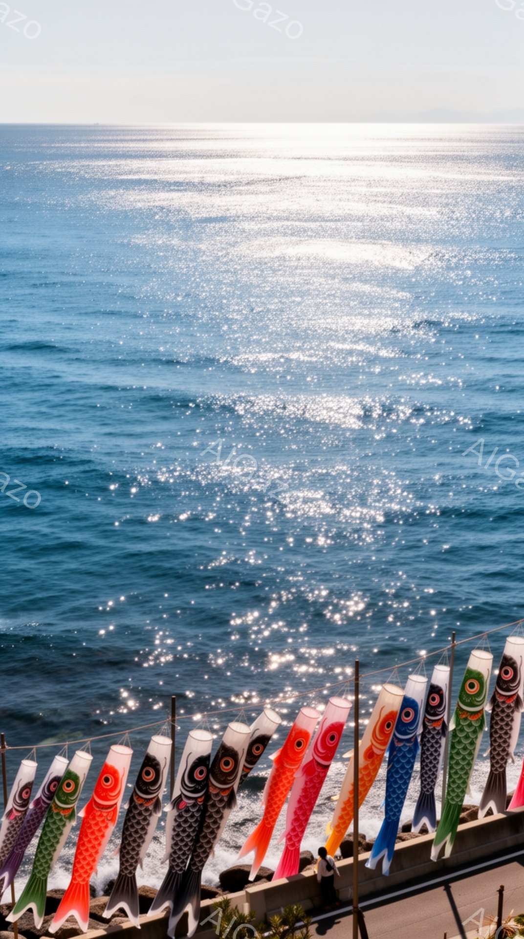 海岸沿いに色とりどりの鯉のぼりが並んでおり、太陽の光を浴びて海面がキラキラと輝いている。ぼやけた人物が少しだけ写っているが、鯉のぼりと青い海が主な被写体で、穏やかで祝祭的な雰囲気が漂っている。鯉のぼりの鮮やかな色彩が、紺碧の海とのコントラストを生み出し、日本の春の風物詩を感じさせる。