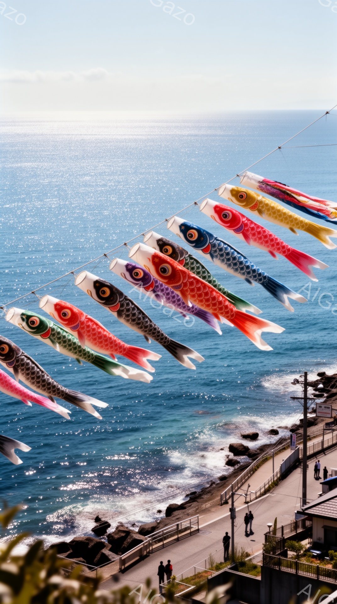 海岸沿いに鯉のぼりがたくさん並んでおり、風に吹かれて空を泳いでいるように見えます。背景には青い海と岩場、そして白い建物が見え、晴れた日の穏やかな春の雰囲気が漂っています。数人の人が遊歩道を歩いており、 - AI生成フリー素材
