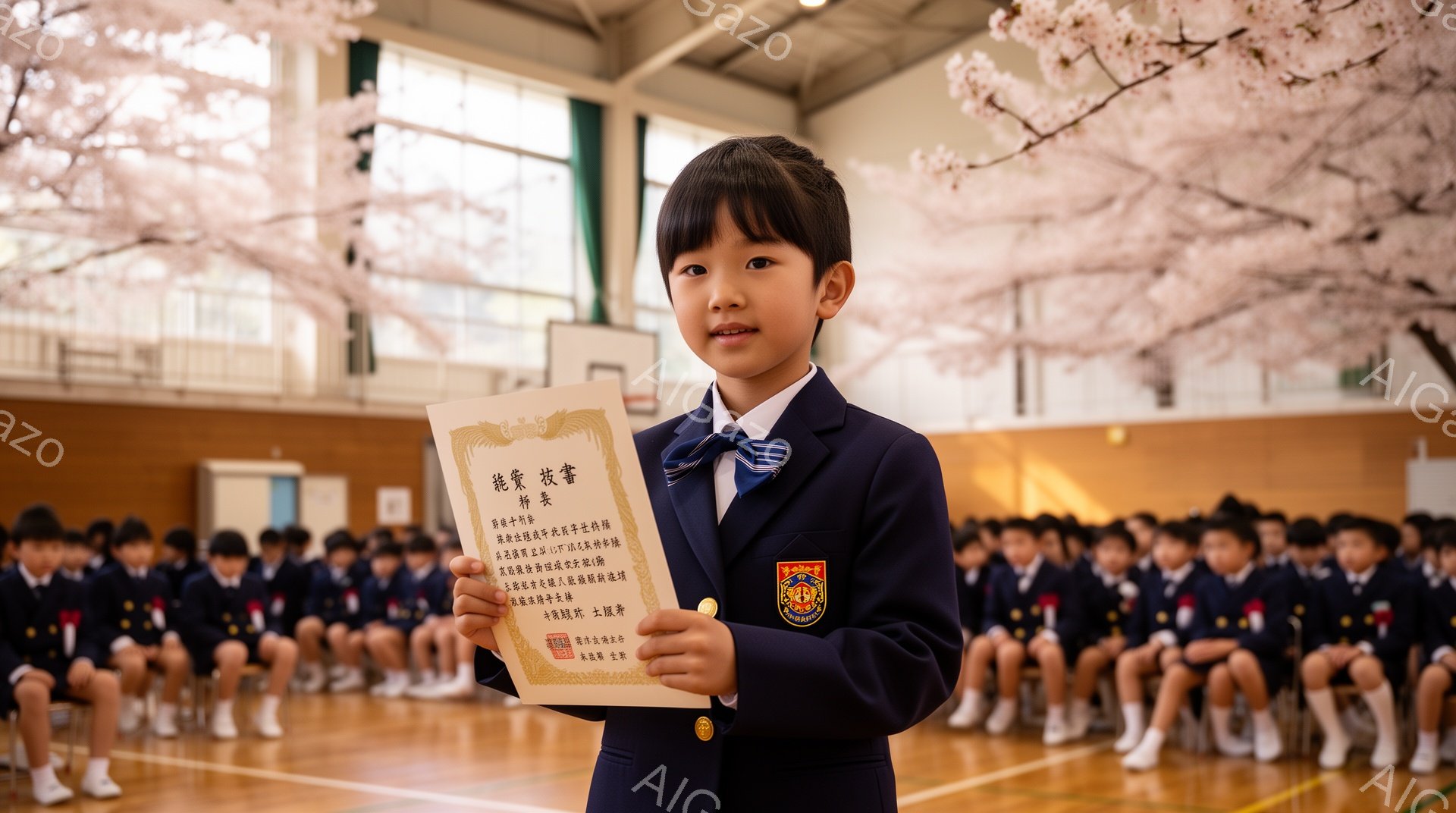 体育館の中で、制服を着た小学生の女の子が前に立って何かを掲げています。彼女は紺色のブレザー、白いシャツ、赤いリボンをつけ、髪は短く整えられています。背景には、同じ制服を着た他の生徒たちが整然と座っており、桜の装飾が体育館内に春の訪れを感じさせます。