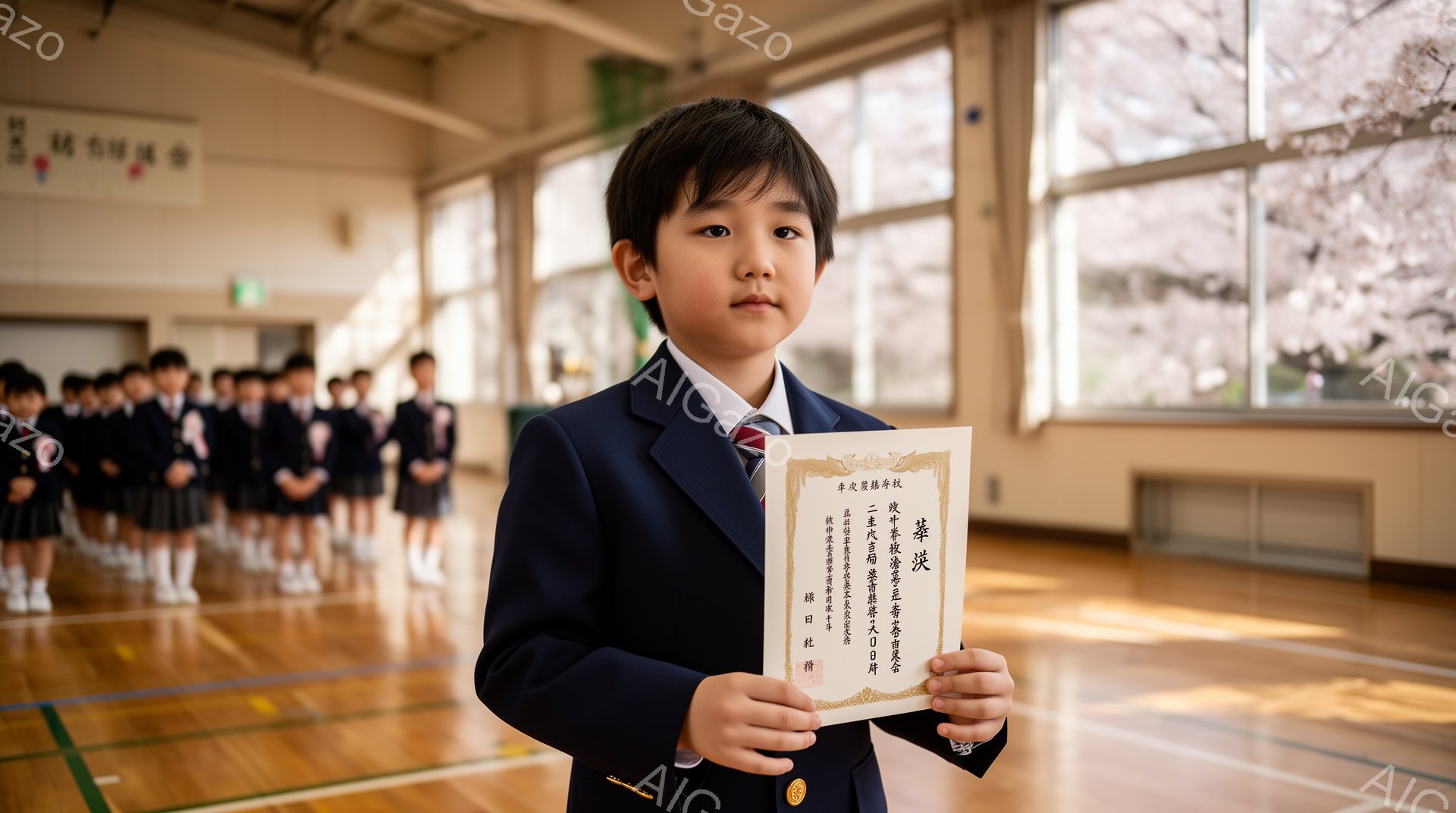 制服を着た少年が、薄茶色の賞状を両手で持っています。少年は黒髪短髪で、やや緊張した表情を浮かべていますが、どこか誇らしげな様子も伺えます。背景には、他の生徒たちが整列しており、体育館のような室内で、晴れた日の光が差し込んでいます。