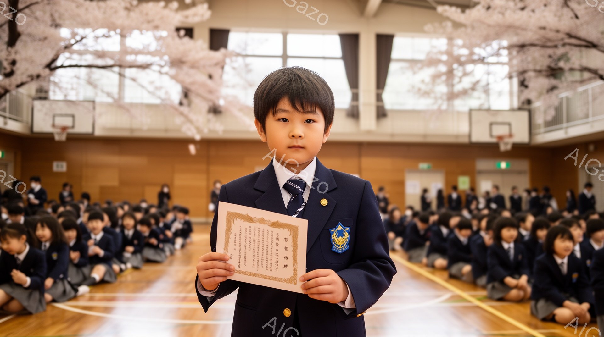 制服を着た男の子が、賞状を掲げて正面を見ている。背景には体育館に座るたくさんの生徒がいて、窓の外には桜が咲いている様子が見える。明るい光と桜の彩りで、卒業式などの厳かで華やかな雰囲気が伝わってくる。