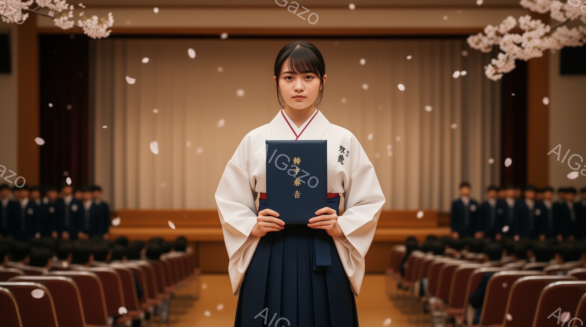 紺色の制服に身を包んだ女性が、卒業証書を手に正面を見据えている。髪は黒くストレートで、顔立ちは整っており、凛とした表情を浮かべている。背景には、桜の花びらが舞い、整然と並んだ椅子が並び、卒業式のような - AI生成フリー素材