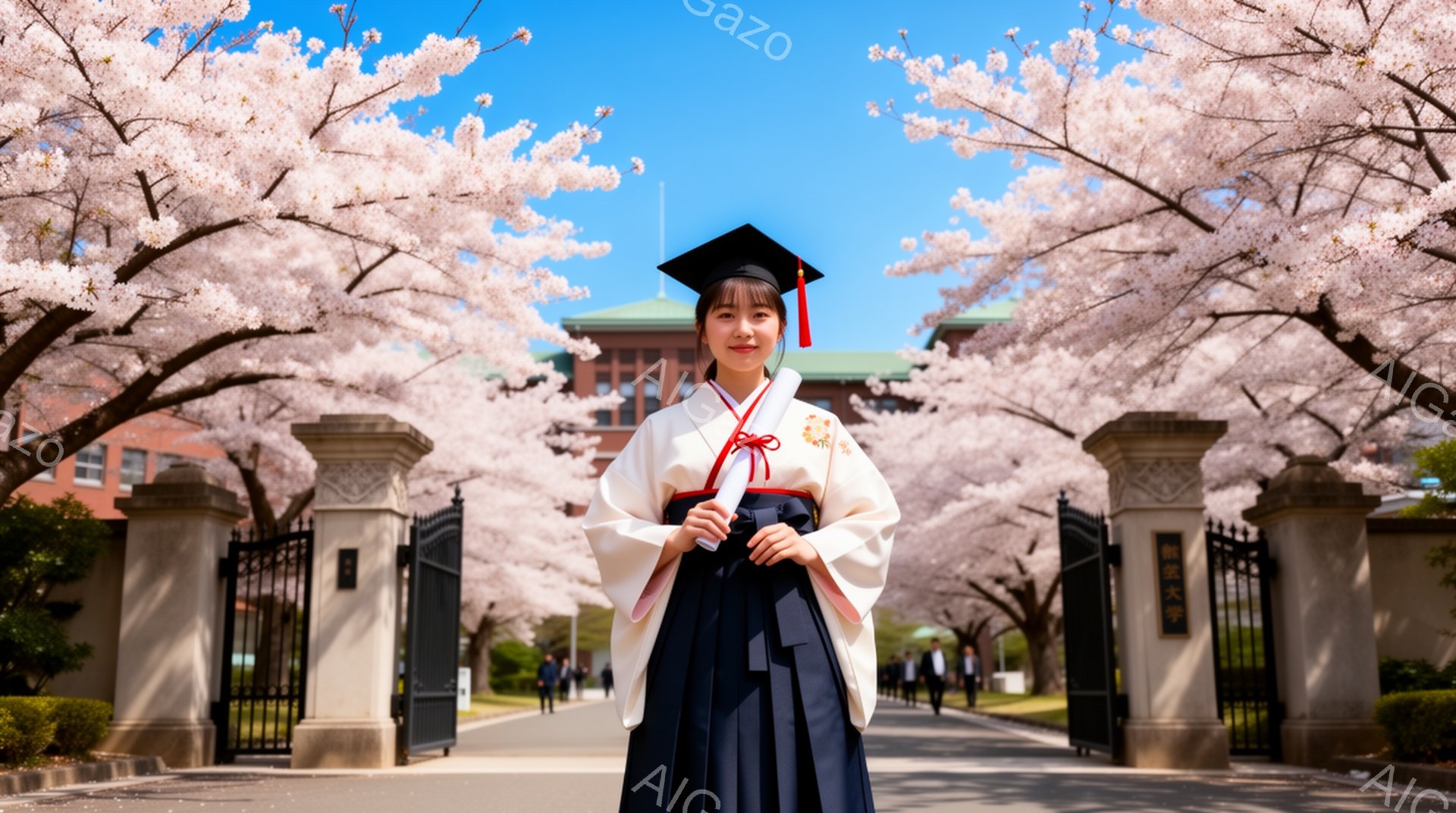 卒業式を迎えた女性が、袴と卒業帽子を身につけ、正面向かって立っている。彼女は明るい笑顔を見せ、黒髪をハーフアップにして、凛とした佇まいを見せている。背景には桜並木が広がり、大学の門が立っており、晴天の下、華やかな卒業の雰囲気が漂っている。