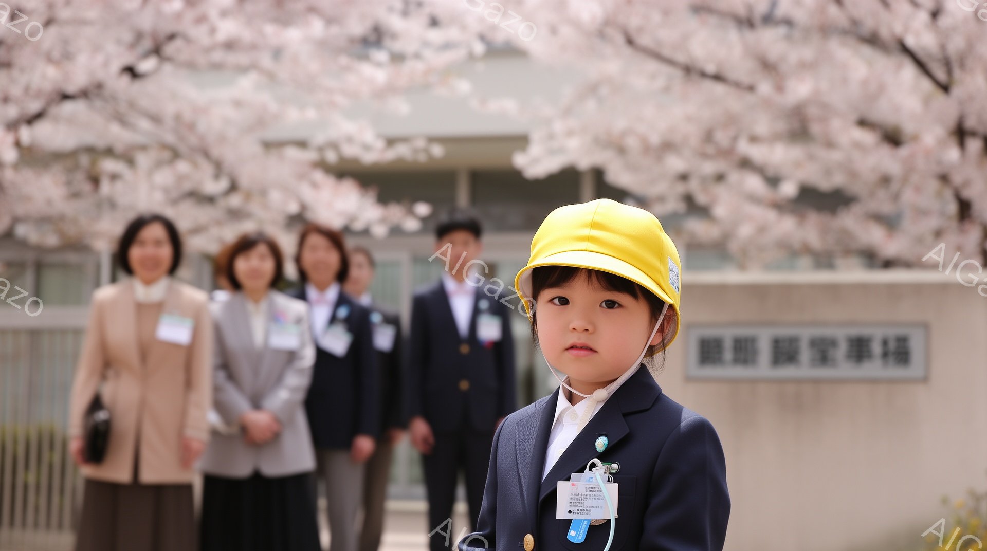 画像には、桜並木を背景にした小学校の入学式のような場面が写っている。一番手前には、ヘルメットと制服を着た幼い男の子がおり、真剣な表情で正面を見つめている。背景には、ベージュ色のジャケットを着た女性教師数名と、男性教師がぼんやりと写っており、桜の花びらが舞う晴天の日である。