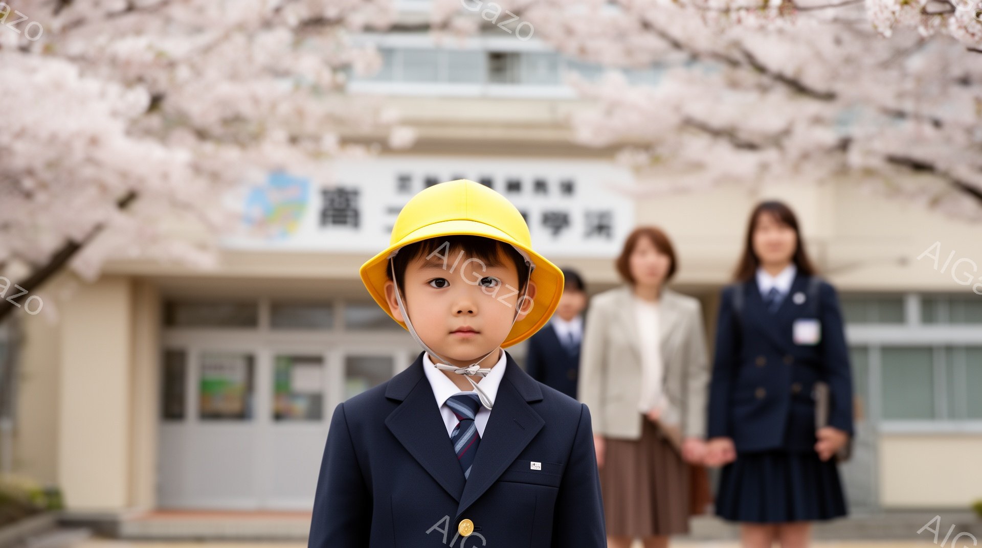 入学式のような場面で、男の子が紺色の制服と黄色いヘルメットを着用し、少し緊張した表情で正面を見ている。背景には、桜の花びらが舞う中、学校の建物と他の生徒や保護者がぼやけて写っている。春らしい暖かく、少し寂しげな雰囲気が漂う。