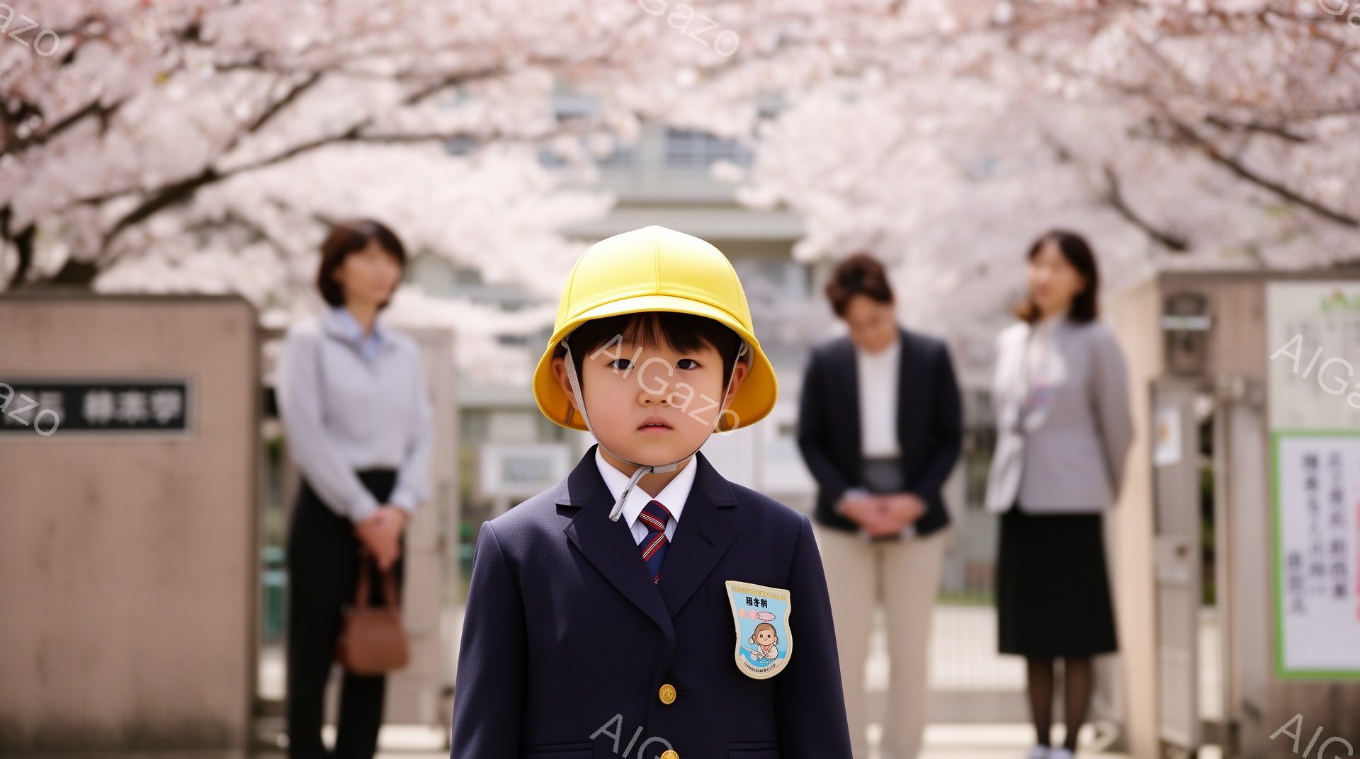 桜並木の前に立つ、制服を着た男の子が写っています。彼は黄色い帽子をかぶり、少し緊張した表情で正面を見ています。背景には、桜の花びらが舞い散る中、他の大人たちがぼんやりと見え、入学式のような賑やかな雰囲 - AI生成フリー素材