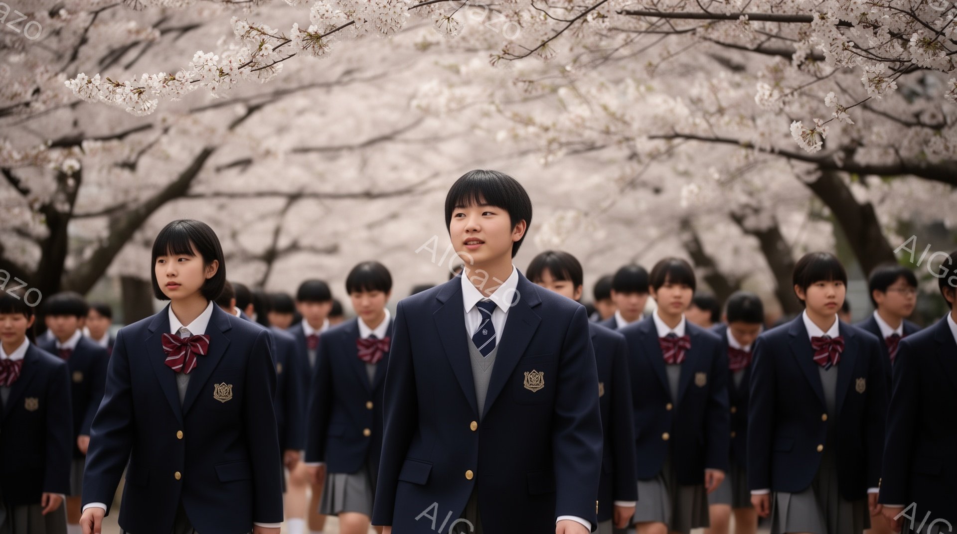 制服を着た学生たちが桜並木の下を整列して歩いている。紺色のブレザー、赤いリボン、チェック柄のスカートが特徴的で、皆同じ服装をしている。背景には満開の桜が咲き誇り、春の穏やかな雰囲気を醸し出している。
