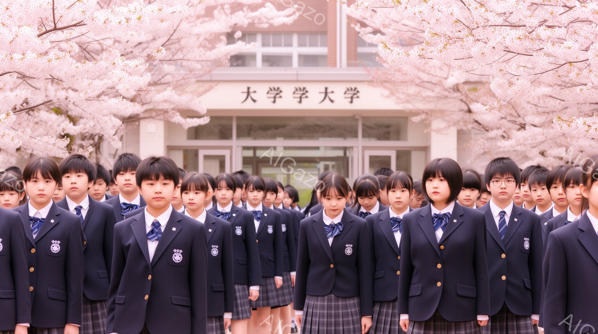 学生たちは紺色のブレザー、チェック柄のスカートまたはズボン、青と白のネクタイという制服を着て整列しています。表情は真剣で、姿勢もまっすぐで、入学式や特別な行事が行われているようです。背景には桜並木と校舎が見え、春の暖かく華やかな雰囲気が漂っています。