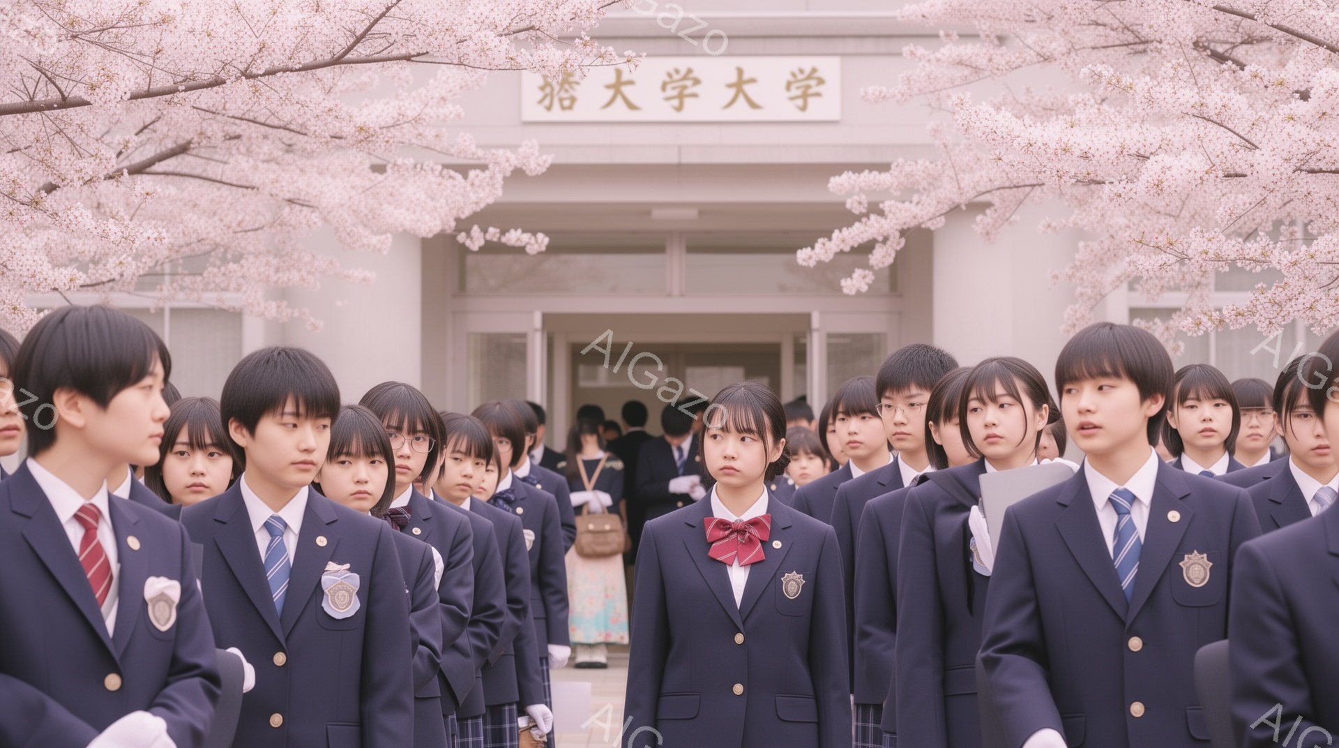 制服を着た高校生たちが整列しており、顔つきは真剣で緊張している様子が伺える。背景には大学の建物と、満開の桜が咲き誇る木々があり、春の暖かな日差しが差し込んでいる。全体的に、新入生歓迎式や卒業式のような、特別な日の厳かで少し寂しげな雰囲気が漂っている。