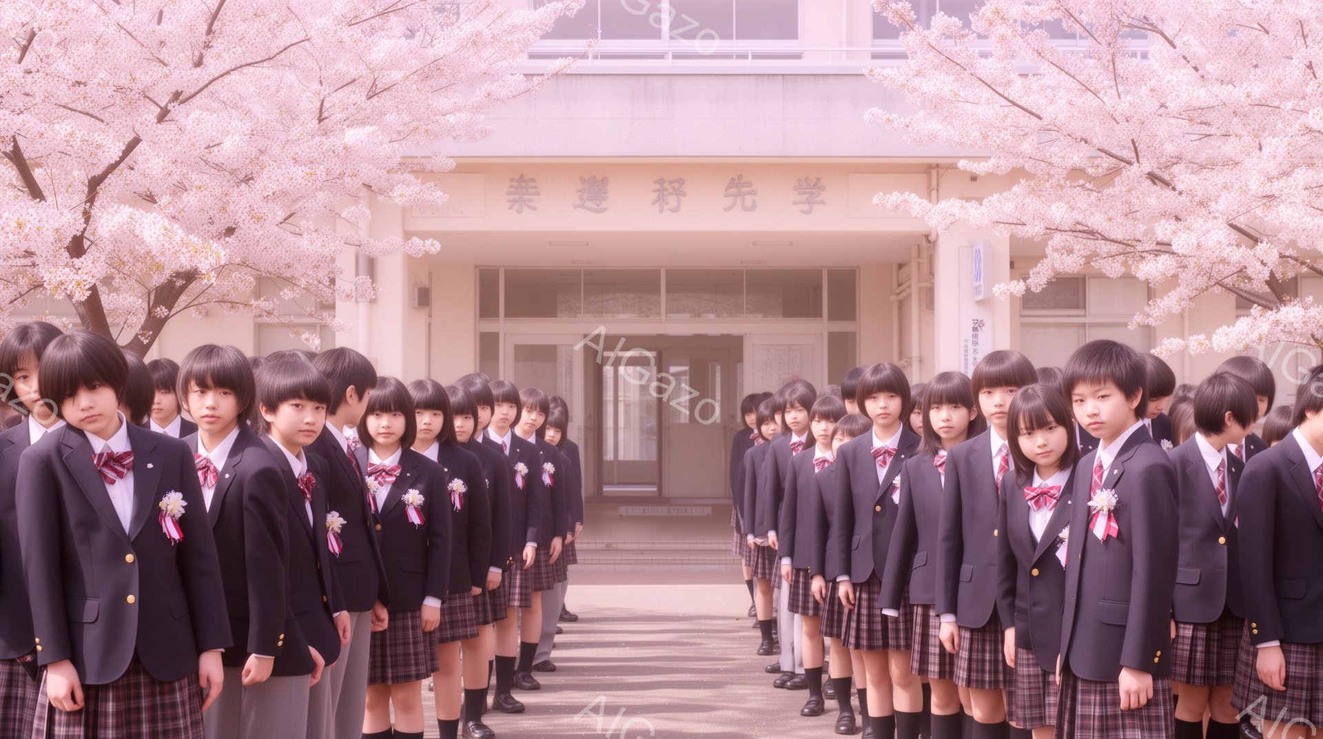 制服を着た女子学生たちが、桜並木の下に整然と一列に並んでいます。紺色のブレザーにチェックのスカート、赤いネクタイと白いシャツが特徴的で、皆同じ髪型で、表情はやや緊張気味に見えます。背景には学校の建物が - AI生成フリー素材