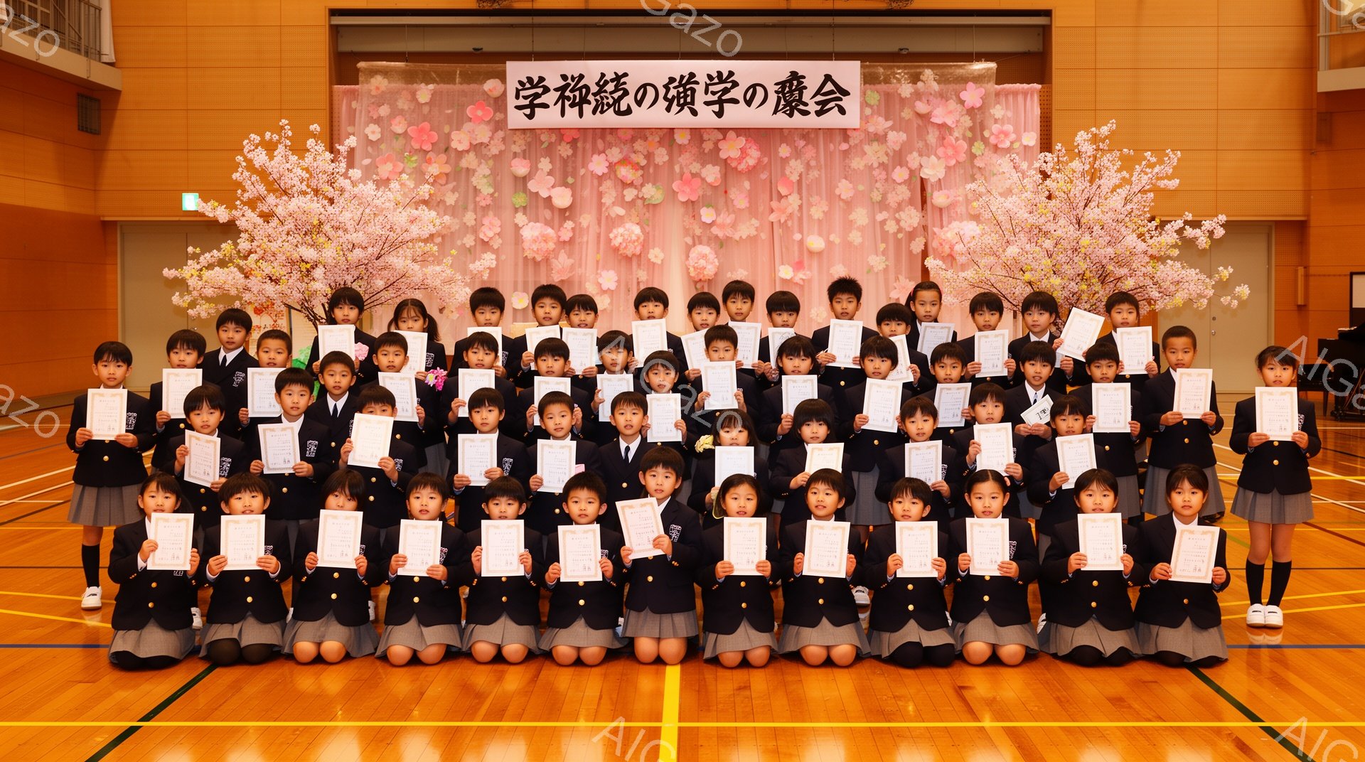 多くの子供たちが体育館で整然と並んでおり、皆、紺色のブレザーとチェックのスカート（またはズボン）を着用し、白いシャツを合わせている。彼らは皆、手に白い封筒のようなものを持ち、少し緊張しながらも笑顔を見 - AI生成フリー素材