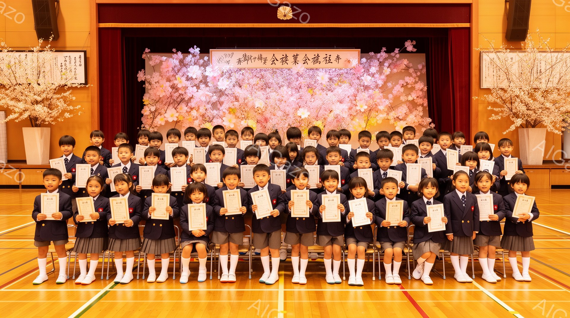 多くの幼い子供たちが、紺色のブレザー、白いシャツ、赤いネクタイ、チェック柄のスカートまたはズボンという制服を着て、体育館に整列しています。彼らは皆、手に卒業証書のような紙を持ち、少し緊張した、あるいは - AI生成フリー素材