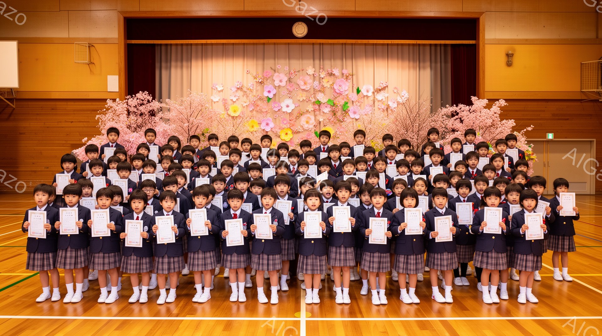 多数の幼稚園または小学校の生徒たちが、体育館のような場所で一列に並んでいます。生徒たちは皆、紺色のブレザー、チェック柄のスカートまたはズボン、白いシャツ、赤いネクタイまたはリボンを着用し、足元は白い靴下と運動靴です。背景には桜を模した装飾があり、生徒たちは皆、何らかの書類（おそらく証書や賞状）を手に持ち、少し緊張した、しかし誇らしげな表情をしています。