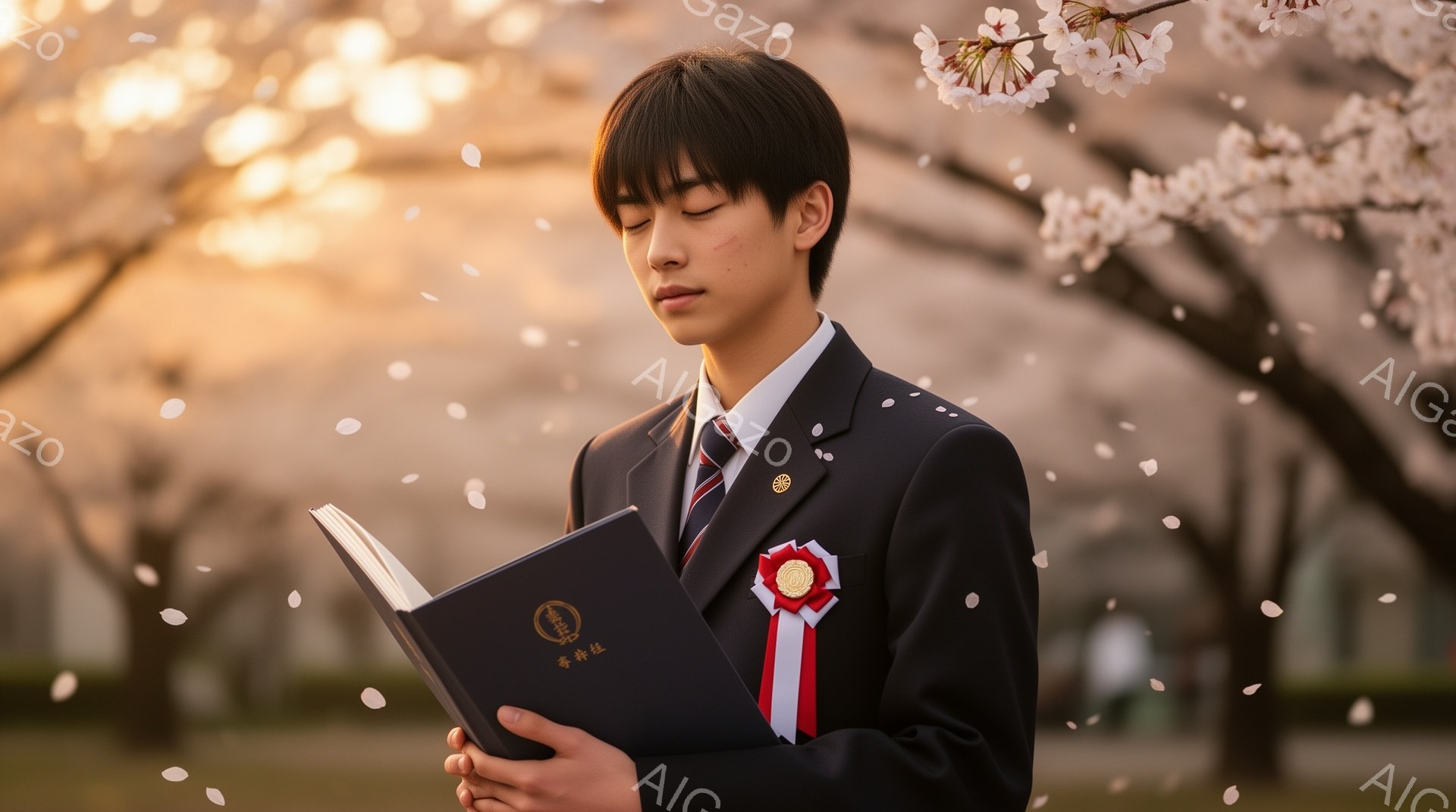 制服を着た少年が、桜の花びらが舞う中、卒業証書のようなものを手にしている。彼の表情は穏やかで、少し目を閉じている。背景には桜並木がぼやけ、春の暖かな日差しが全体を包み込み、卒業の喜びと少しの寂しさが混ざり合った雰囲気が漂っている。