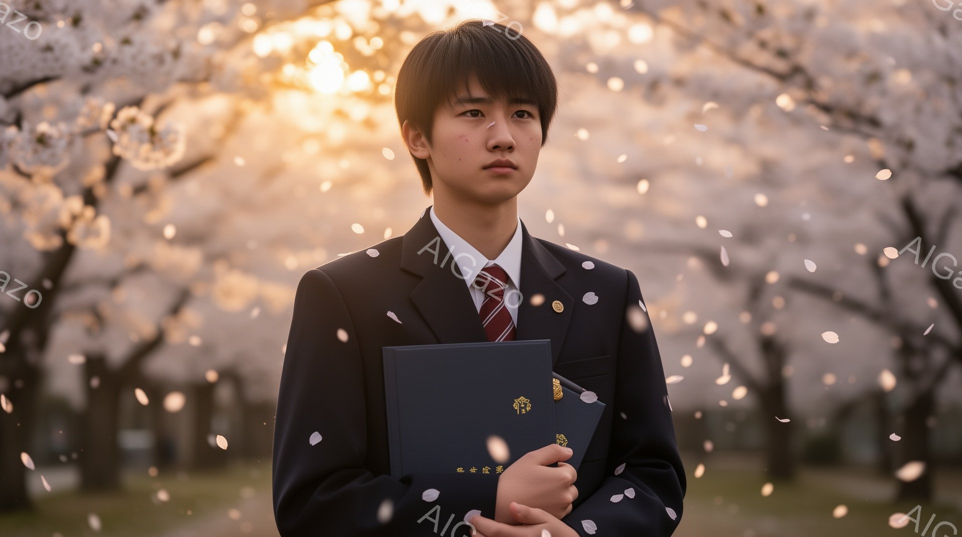 制服を着た少年が、桜の花びらが舞う中で正面を見据えている。紺色のブレザーに赤いネクタイを締め、髪は短く整えられている。少年の表情は少し緊張しているようにも見えるが、どこか誇らしげだ。