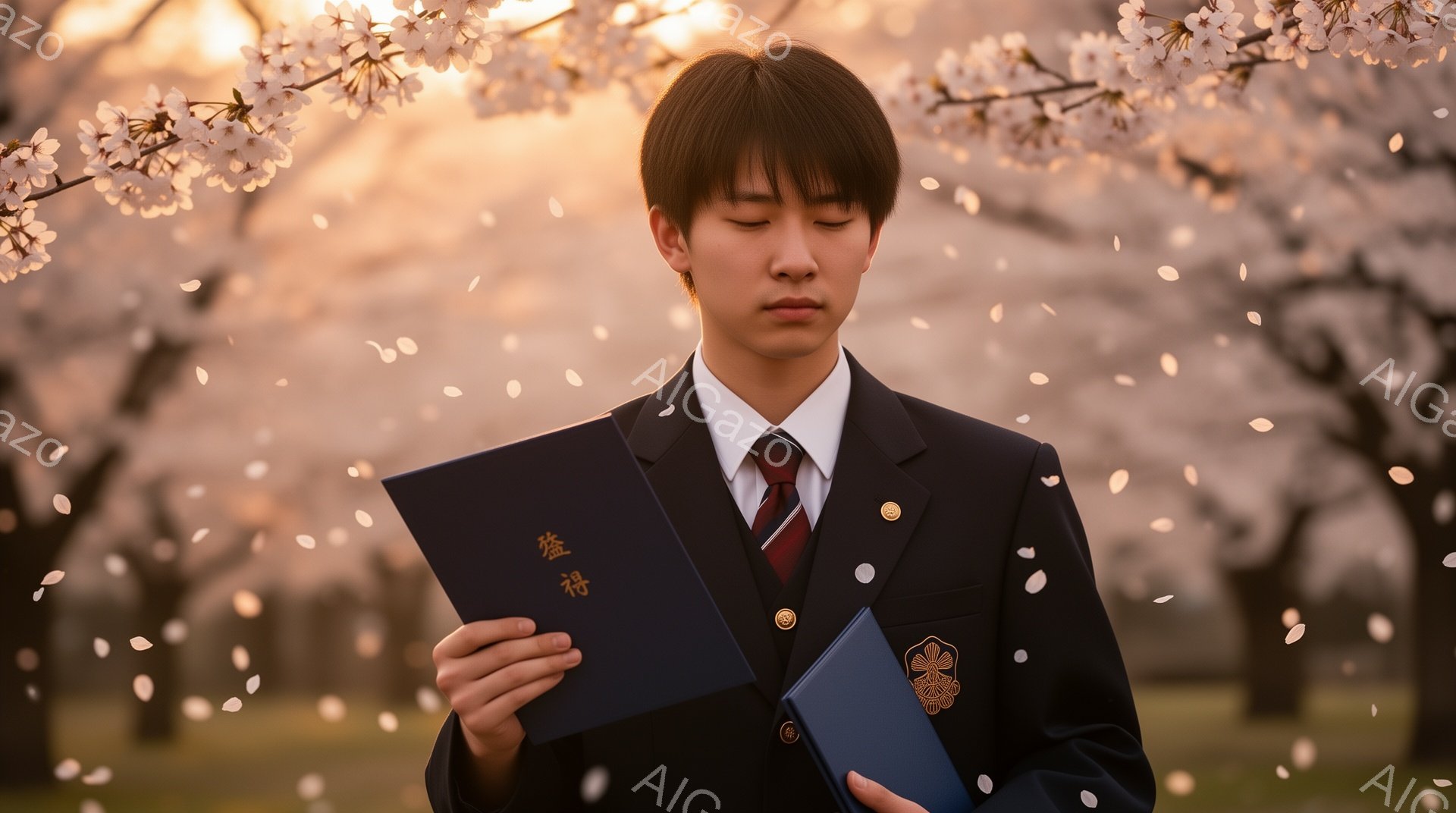 制服を着た少年が、桜の花びらが舞う中で卒業証書のような書類を手に持っている。彼は真剣な表情で書類を見つめ、姿勢はまっすぐで、少し前かがみになっている。背景にはぼやけた桜並木が広がり、夕暮れのような暖かく柔らかな光が全体を包んでいる。