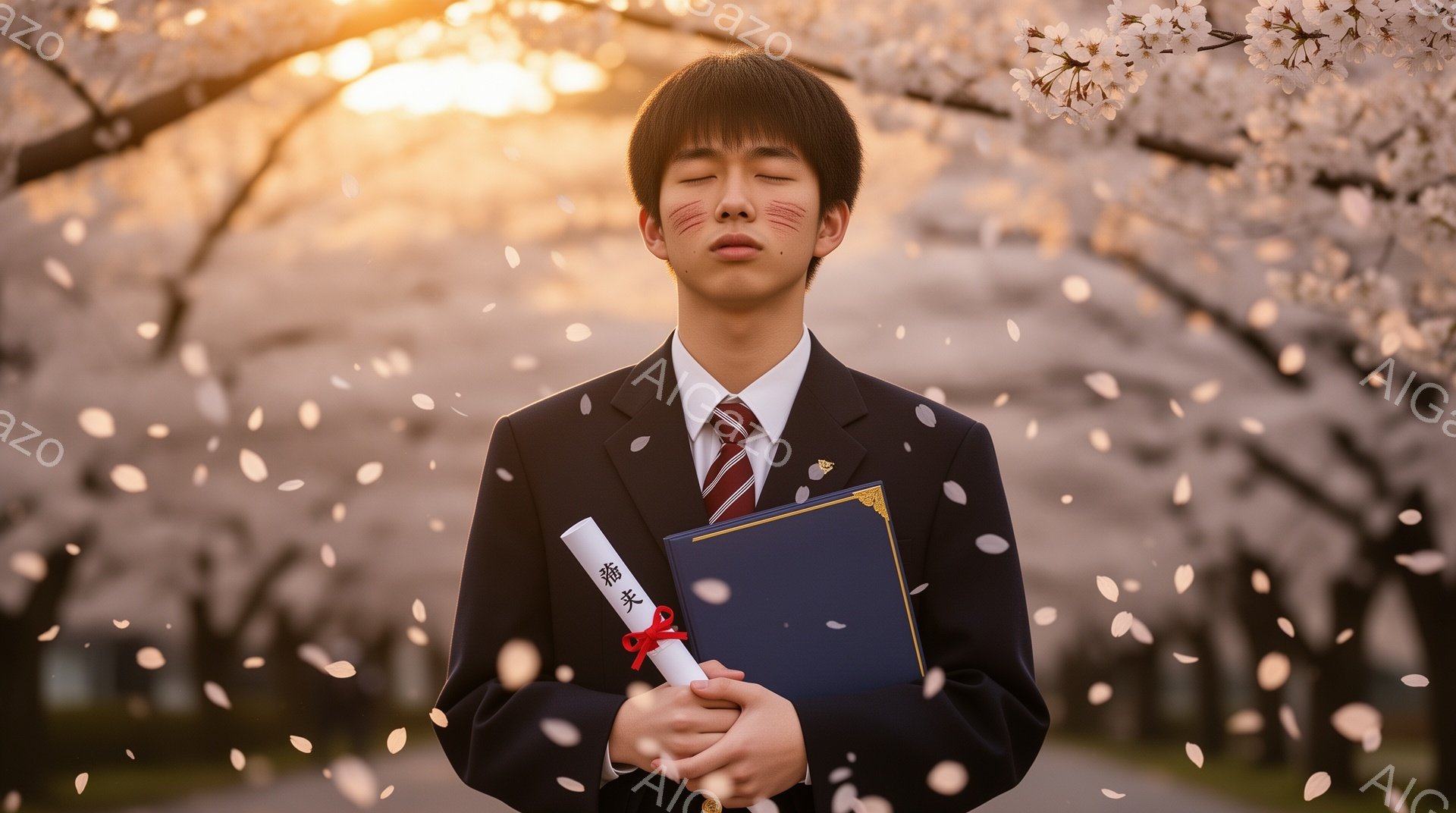 制服を着た少年が、桜の花びらが舞う中、目を閉じて立っています。手に持っているのは卒業証書と、紺色の表紙のファイルです。背景には桜並木が広がり、夕焼けのような柔らかな光が全体を包み込み、感動的で穏やかな雰囲気を醸し出しています。