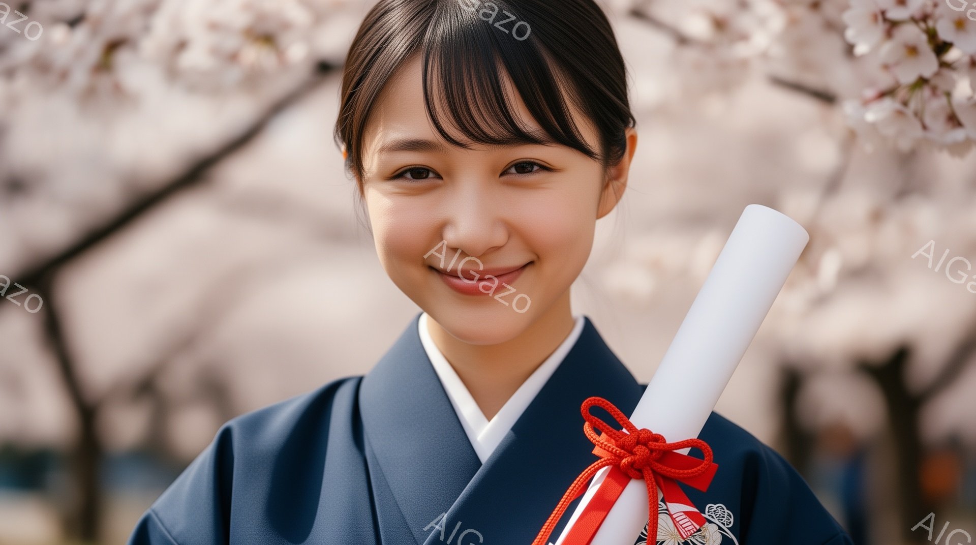 紺色の卒業袴を着た若い女性が、満開の桜並木の前に立っている。彼女は微笑んでおり、卒業証書を赤い紐で結んで抱えている。背景にはぼやけた桜の花びらが咲き乱れ、春の暖かく華やかな雰囲気が漂っている。 - AI生成フリー素材