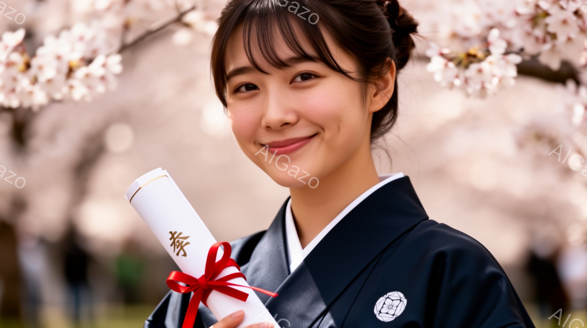 紺色の卒業着に身を包んだ若い女性が、赤い紐で結ばれた卒業証書を手に微笑んでいます。彼女は髪を後ろでまとめ、明るい表情でカメラを見つめています。背景には桜並木が咲き誇り、春の暖かな日差しが降り注いでおり - AI生成フリー素材
