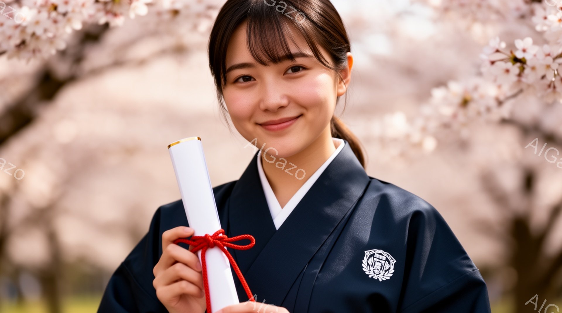 紺色の卒業式用の着物に白のインナーを合わせ、赤い紐で結ばれた巻物を手に持った女性が写っています。彼女は微笑んでおり、黒髪を後ろで一つにまとめ、自信に満ちた表情をしています。背景には桜の花が咲き乱れ、春 - AI生成フリー素材
