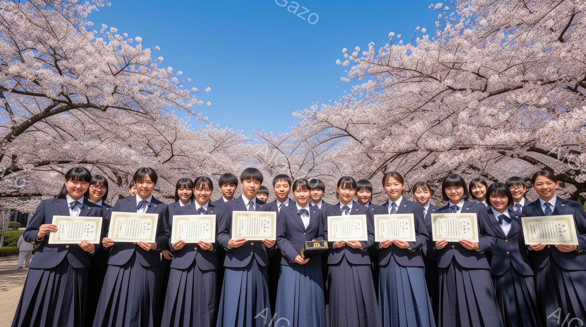 制服を着た女子高生たちが一列に並んで立っており、それぞれ手に卒業証書を持っている。背景には満開の桜並木が広がり、青空の下で春の陽気が感じられる。生徒たちは皆、穏やかな笑顔で、それぞれの未来に希望を抱い - AI生成フリー素材