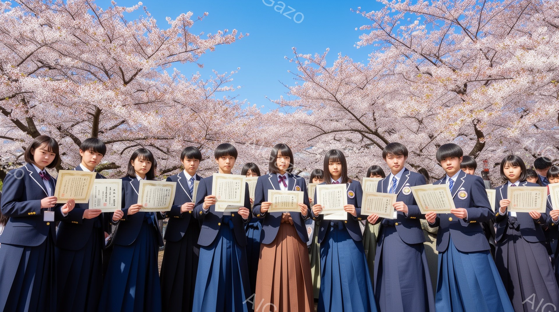 制服を着た女子学生たちが、桜並木の道で整列し、それぞれ表彰状を手に持っています。紺色のブレザーにチェック柄のスカート、リボンまたはネクタイを締め、髪は黒髪で、多くはポニーテールまたはお下げ髪にしています。背景には満開の桜が咲き乱れ、晴天の下、春の喜びと達成感を漂わせる明るい雰囲気です。