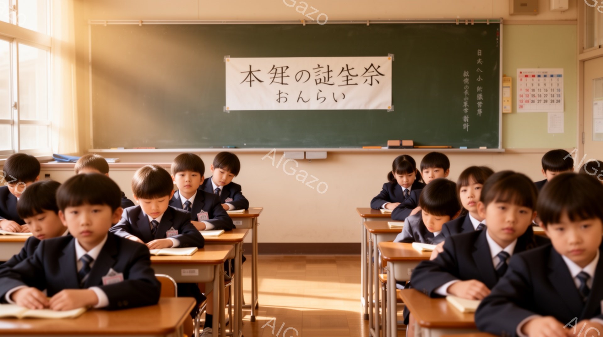 教室には、制服を着た小学生たちが整然と並んだ机に座っています。生徒たちは皆、紺色のブレザー、白いシャツ、ネクタイ、そして短い黒髪で、真剣な表情で前を見つめています。背景には黒板があり、日当たりの良い教 - AI生成フリー素材