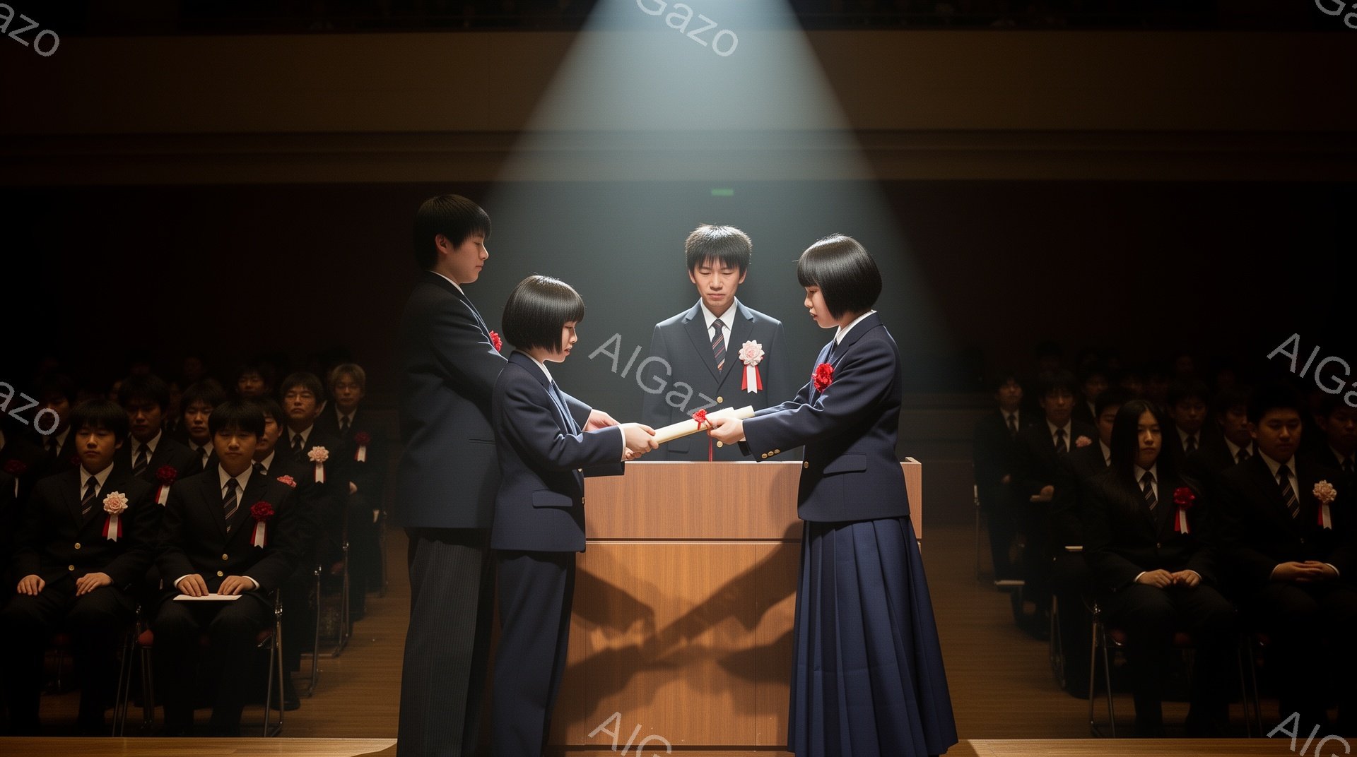 舞台の中央で、女子生徒二人が賞状を受け取っています。制服は濃い青色のブレザーとチェックのスカートで、白いシャツとリボンを付けています。後ろには男子生徒たちが同じ制服を着て整列しており、全員がやや緊張した表情で、式典の厳粛な雰囲気を醸し出しています。