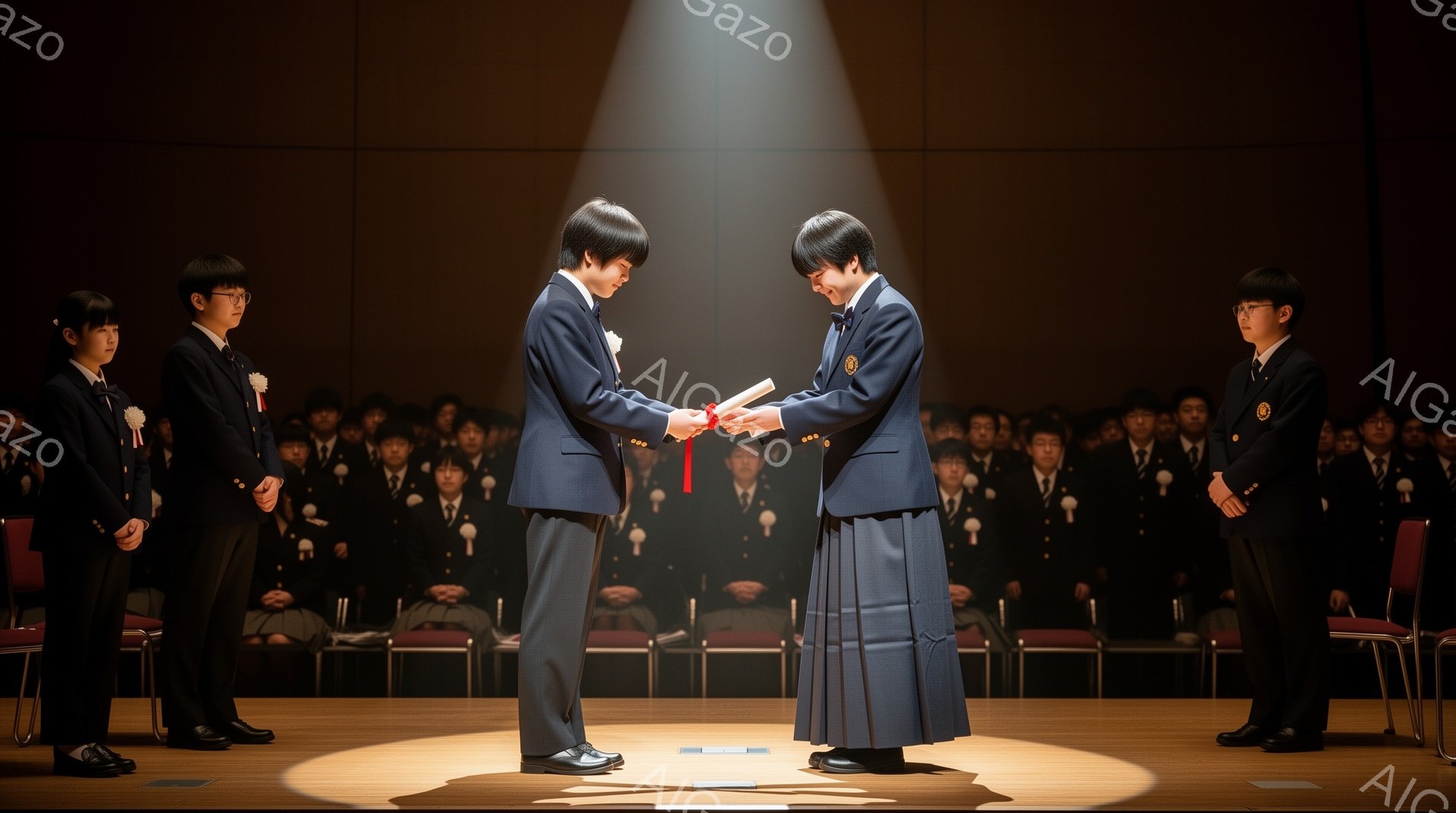 舞台中央で、制服を着た女子生徒二人が向き合い、互いに赤い紐で繋がれた卒業証書を受け渡している。周りには整列した生徒たちがおり、背景は暗く、スポットライトが二人を照らしているため、厳かで感動的な雰囲気が漂っている。生徒たちは皆、黒髪で整った髪型をしており、真剣な表情でその様子を見守っている。