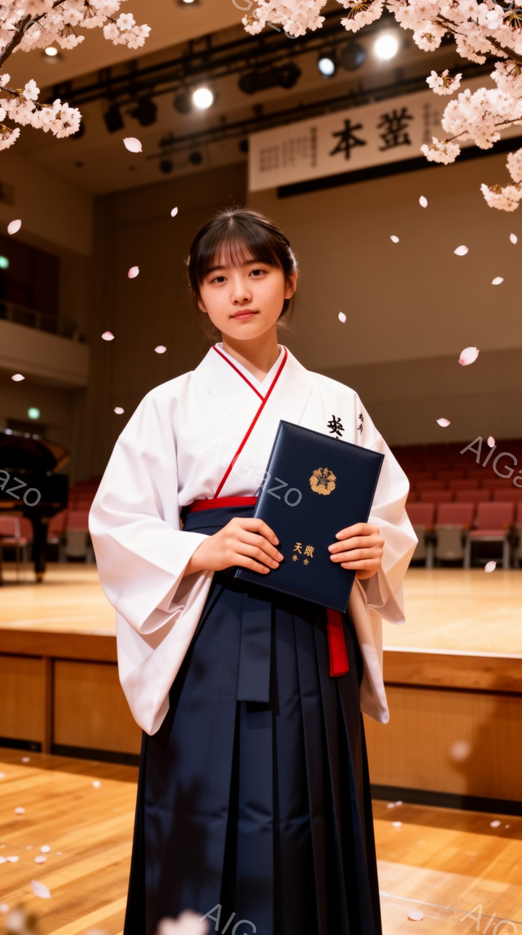 白い着物と紺色の袴を身につけた若い女性が、卒業証書を抱えて立っている。彼女は黒髪を後ろでまとめ、穏やかな表情で正面を見据えている。背景には、桜の花びらが舞い、ステージと観客席が見え、華やかで感動的な卒 - AI生成フリー素材
