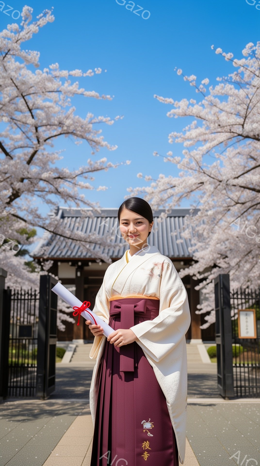 卒業式を迎えた若い女性が、クリーム色の訪問着とワインレッドの袴を身につけ、満開の桜並木を背景に微笑んでいます。彼女は卒業証書を手に持ち、やや前かがみの姿勢でカメラを見つめており、晴天の下、希望に満ちた表情を浮かべています。背景には伝統的な木造建築が見え、春の暖かな空気を感じさせる、お祝いの雰囲気が漂っています。