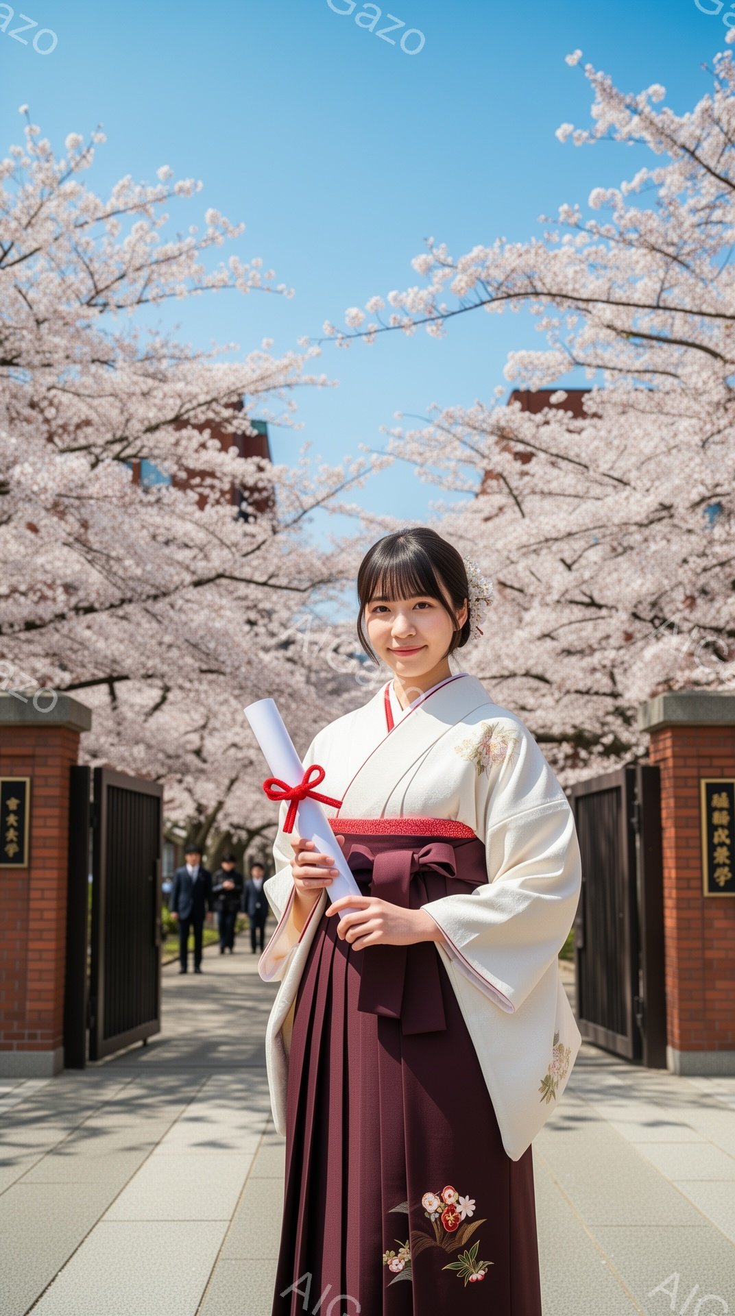 桜並木を背景に、袴姿の女性が卒業証書を手に微笑んでいます。オフホワイトの重ね襟とワインレッドの袴が上品さを演出し、髪型は後ろで一つにまとめられ、華やかな髪飾りを付けています。晴天の下、キャンパスの正門 - AI生成フリー素材