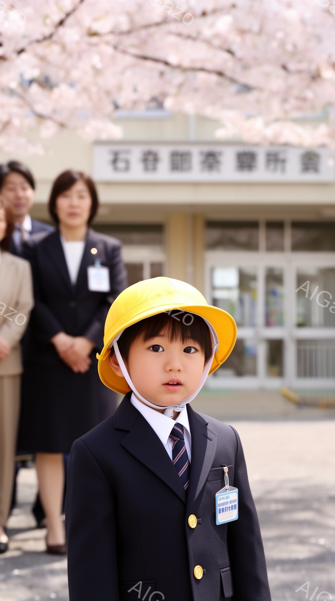 紺色の制服にネクタイ、そして黄色いヘルメットを被った幼い男の子が写っている。彼は少し緊張した表情で正面を見つめており、胸には名札が付けられている。背景には桜の木々と、制服姿の女性と男性が見え、小学校の入学式のような雰囲気である。
