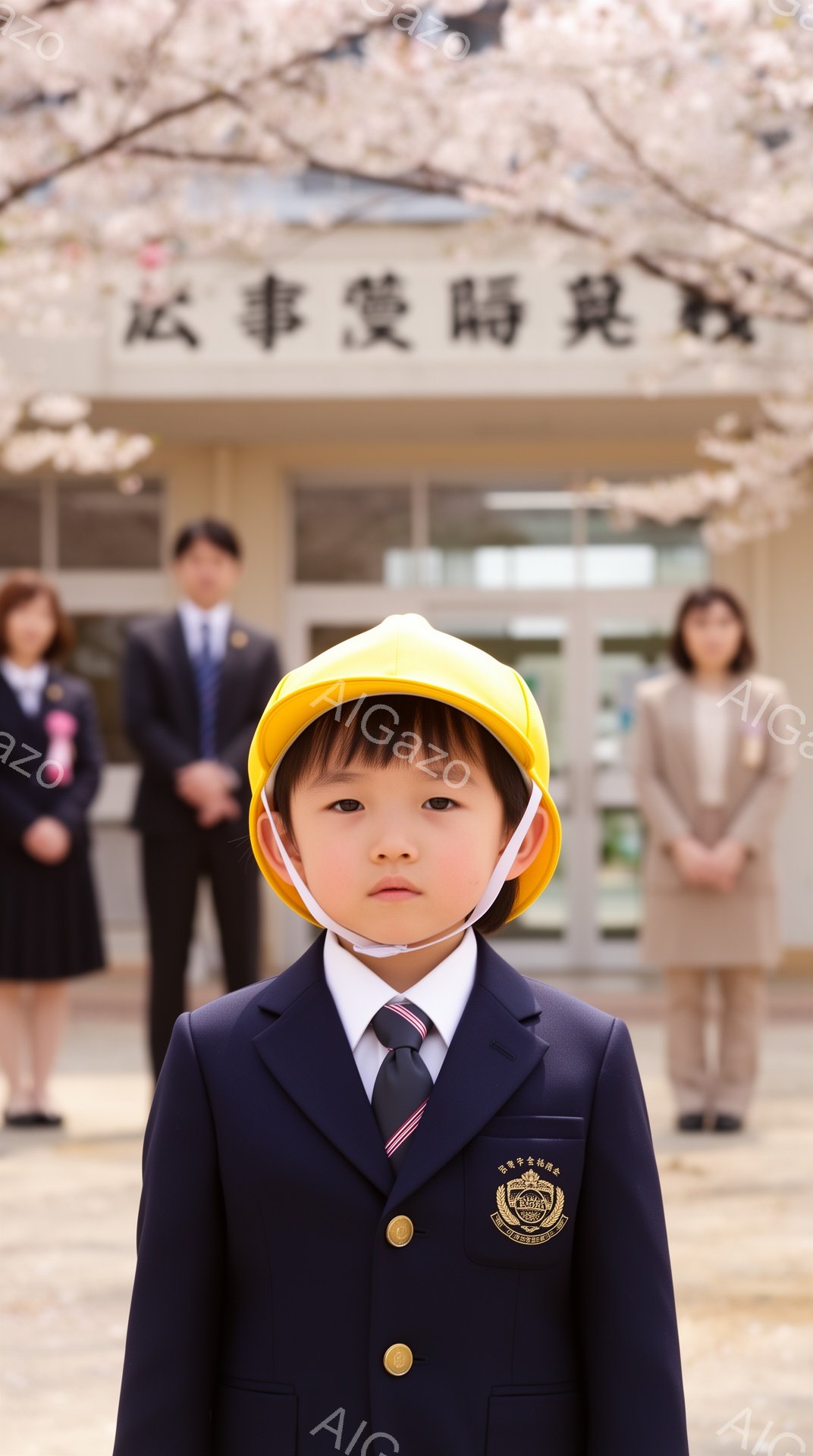 制服に黄色いヘルメットを被った男の子が正面を向いて立っている。彼は真剣な表情で、姿勢もまっすぐだ。背景には校舎と桜が咲き誇り、入学式のような厳かで春らしい雰囲気が漂っている。