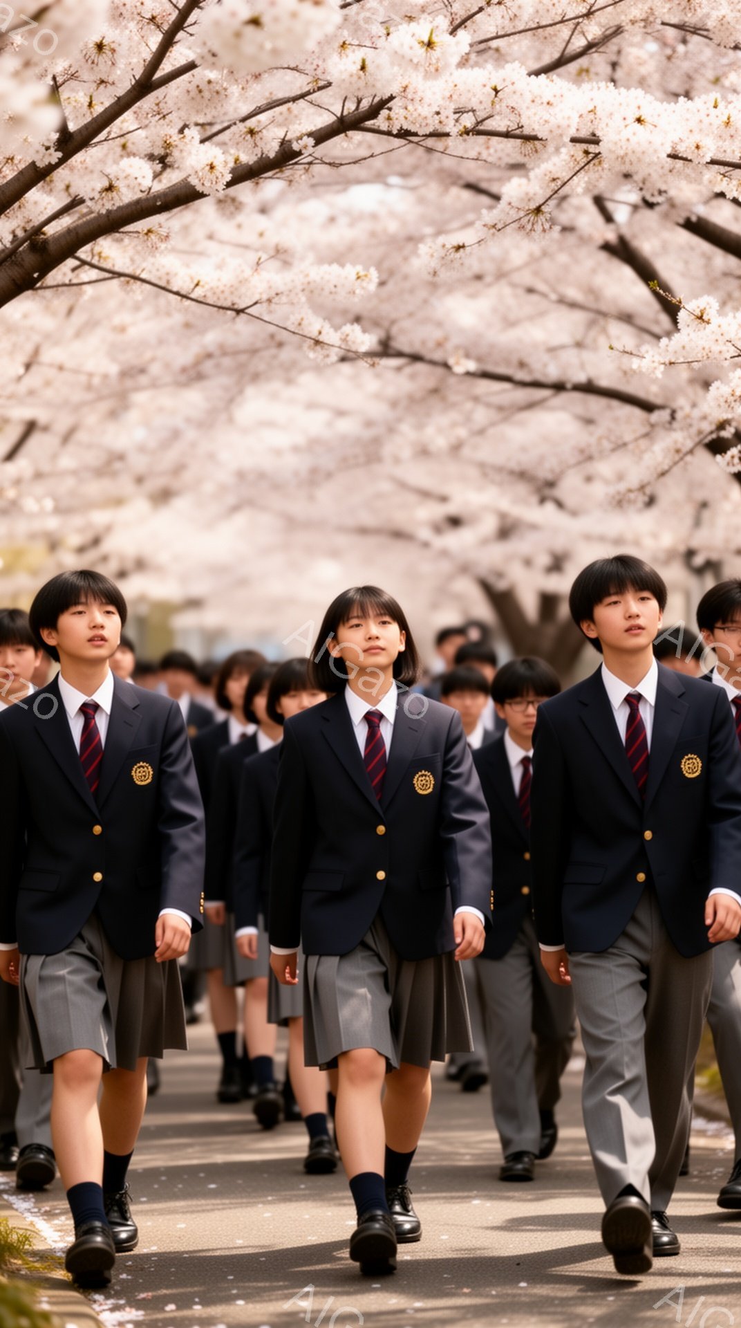 制服を着た学生たちが、満開の桜並木を歩いている。紺色のブレザーにグレーのスカート（男子はズボン）、赤いネクタイ、黒い靴を履いており、皆まっすぐ前を見て、真剣な表情をしている。桜の花びらが舞い散り、春の入学式や卒業式のような厳かで美しい雰囲気が漂っている。