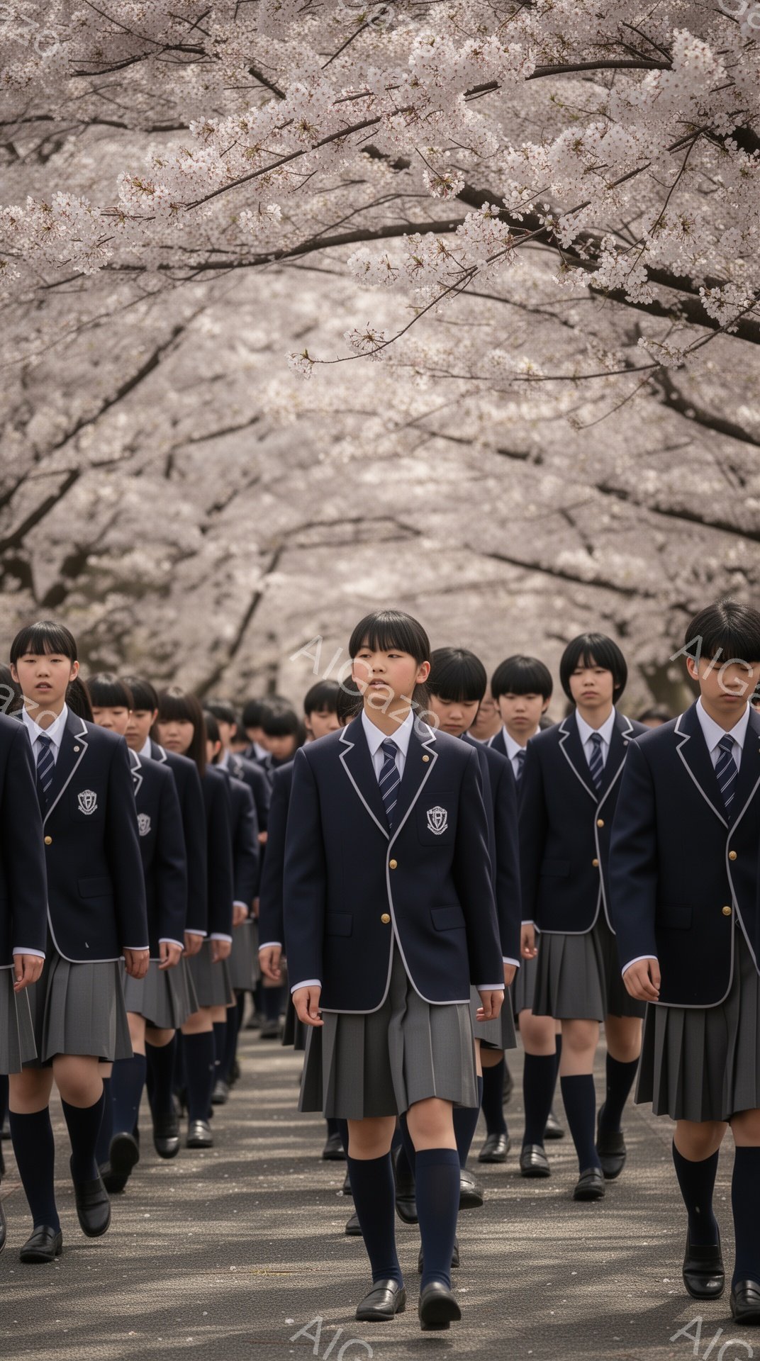 制服を着た女子学生たちが、桜並木の中を整然と歩いている。紺色のブレザー、グレーのプリーツスカート、膝下まで伸びるソックス、黒い靴が特徴的で、皆、整った髪型とやや緊張した表情をしている。背景には満開の桜 - AI生成フリー素材
