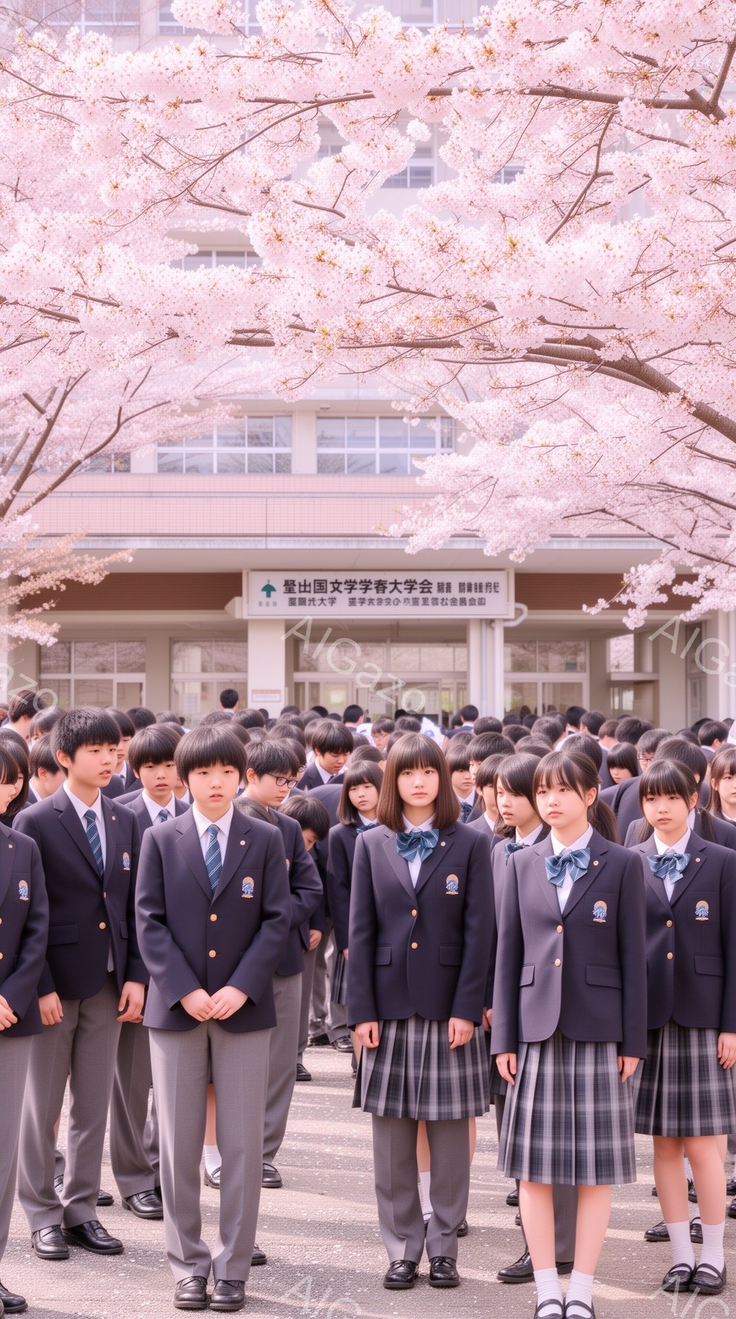 制服を着た学生たちが整然と一列に並んで立っている。紺色のブレザーにグレーのスカートまたはズボン、白いシャツ、ネクタイまたはリボンを締めている。背景には、桜が咲き誇る桜並木と、モダンな校舎が見え、春の入学式のような華やかで厳かな雰囲気が漂っている。